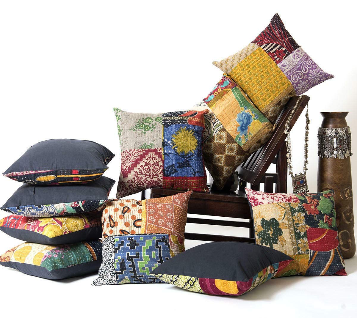 10-Piece Indian Bohemian Colorful Cushion Cover Set - 18x18 Inch Handmade Sofa Throw Pillow Cases for Boho Home Decor | Perfect for Living Room, Bedroom & Outdoor Furniture