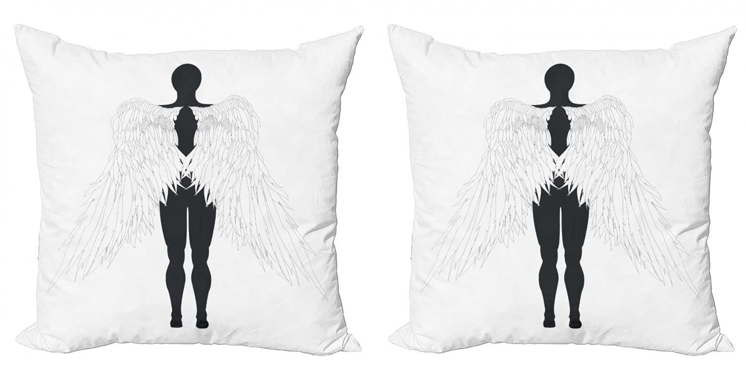 Ambesonne Angel Wings Decorative Throw Pillow Covers Set of 2 - Heavenly Angel Woman Back View Design in Dark Blue Grey White - 18 Inch Square Cushion Covers for Sofa, Bed & Living Room - Perfect for Home Decor, Cozy Reading Nook & Gift Giving