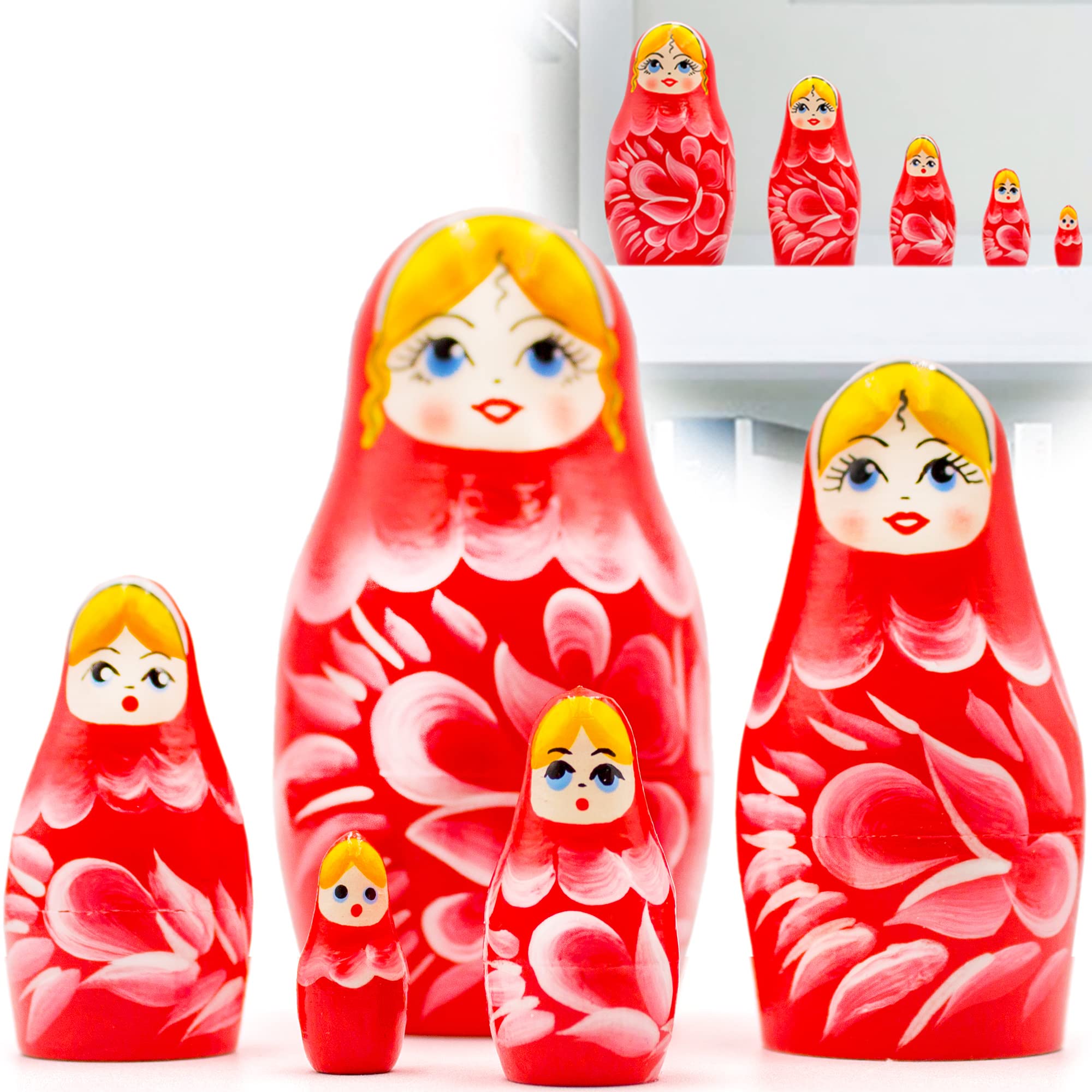 AEVVV Russian Nesting Dolls Set of 5 pcs - Hand-Painted Matryoshka Dolls for Home Decor, Gift Giving & Collectibles - Perfect for Red Themed Rooms, Kitchen Decor, Nursery, and Russian Culture Enthusiasts