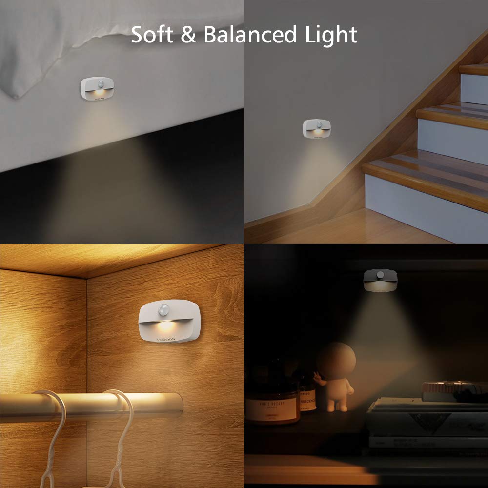 VESKYAO 3 Pack Motion Activated Night Lights - Battery Powered LED Stair Lights with Adhesive Pads, Warm White Sensor Light for Closet, Cabinet, Hallway, Bathroom & Bedroom - Perfect for Nighttime Safety & Convenience