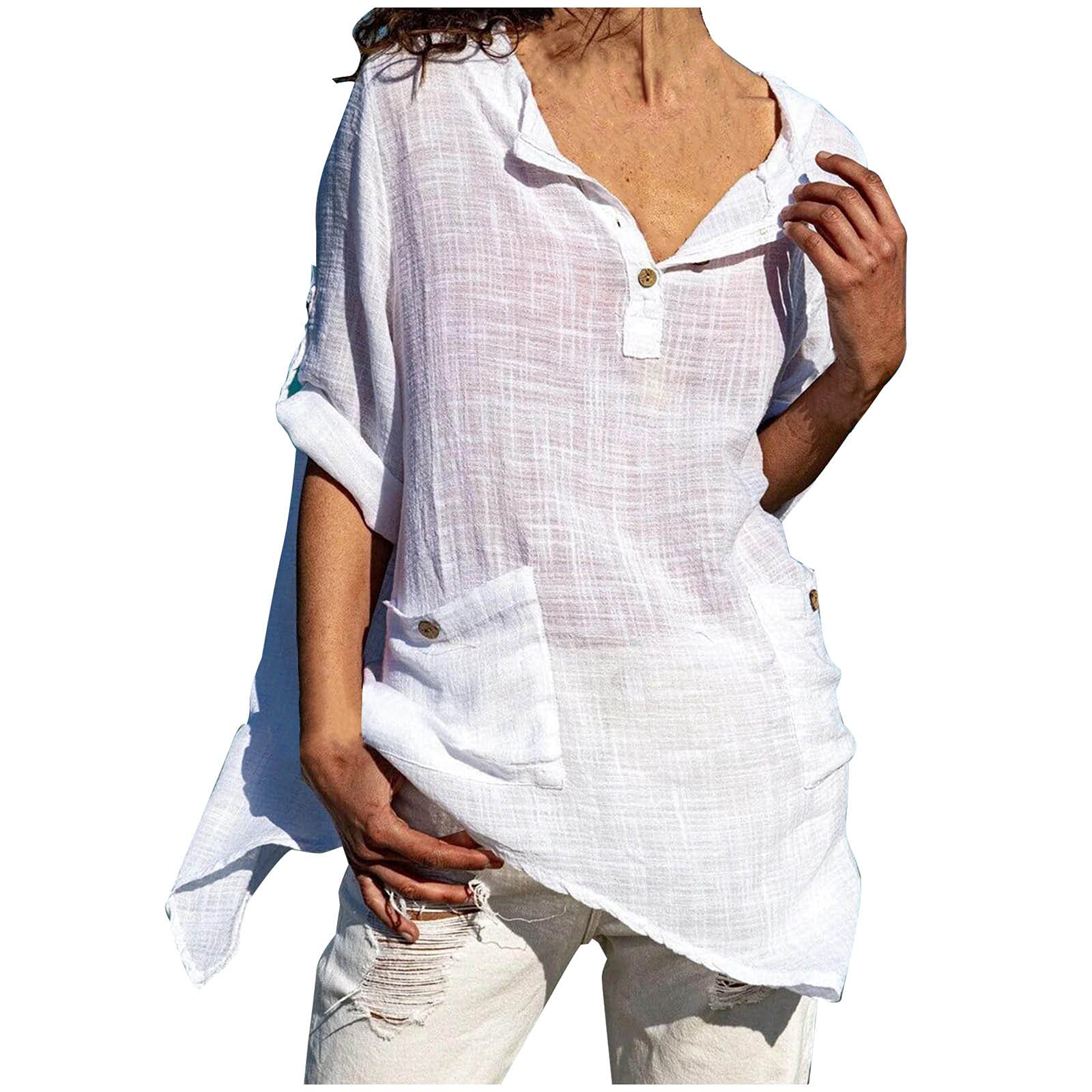 Women's Summer Casual V-Neck 3/4 Sleeve Loose Plus Size Halter Sweatshirt - Solid Color Workout Tank Top & Beach Blouse in White | Perfect for Yoga, Gym, Vacation & Everyday Wear