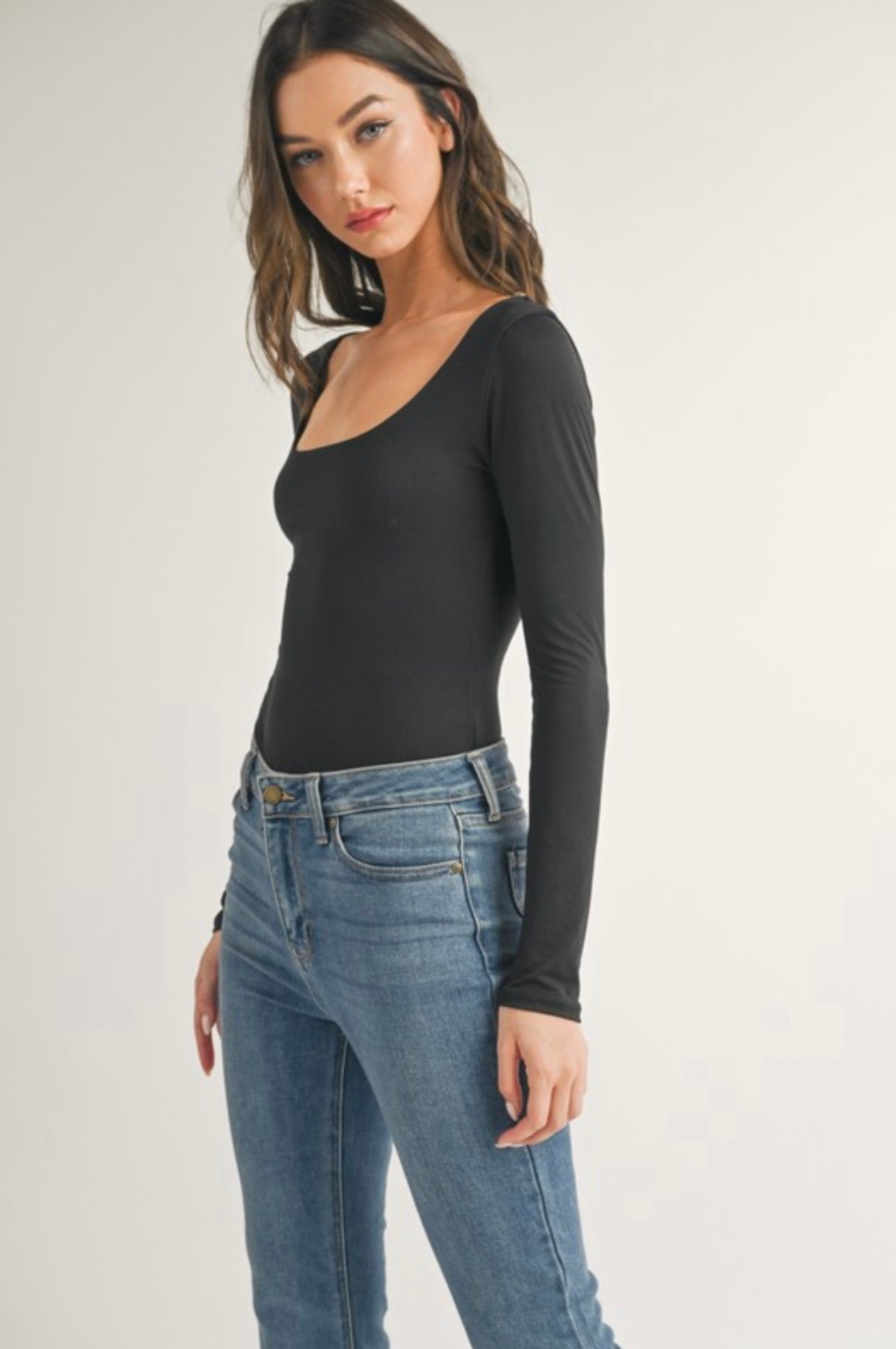 Black Self Double Scoop Neck Long Sleeve Bodysuit for Women - Slim Fit Stretchy Bodycon Jumpsuit for Layering, Night Out, or Casual Wear