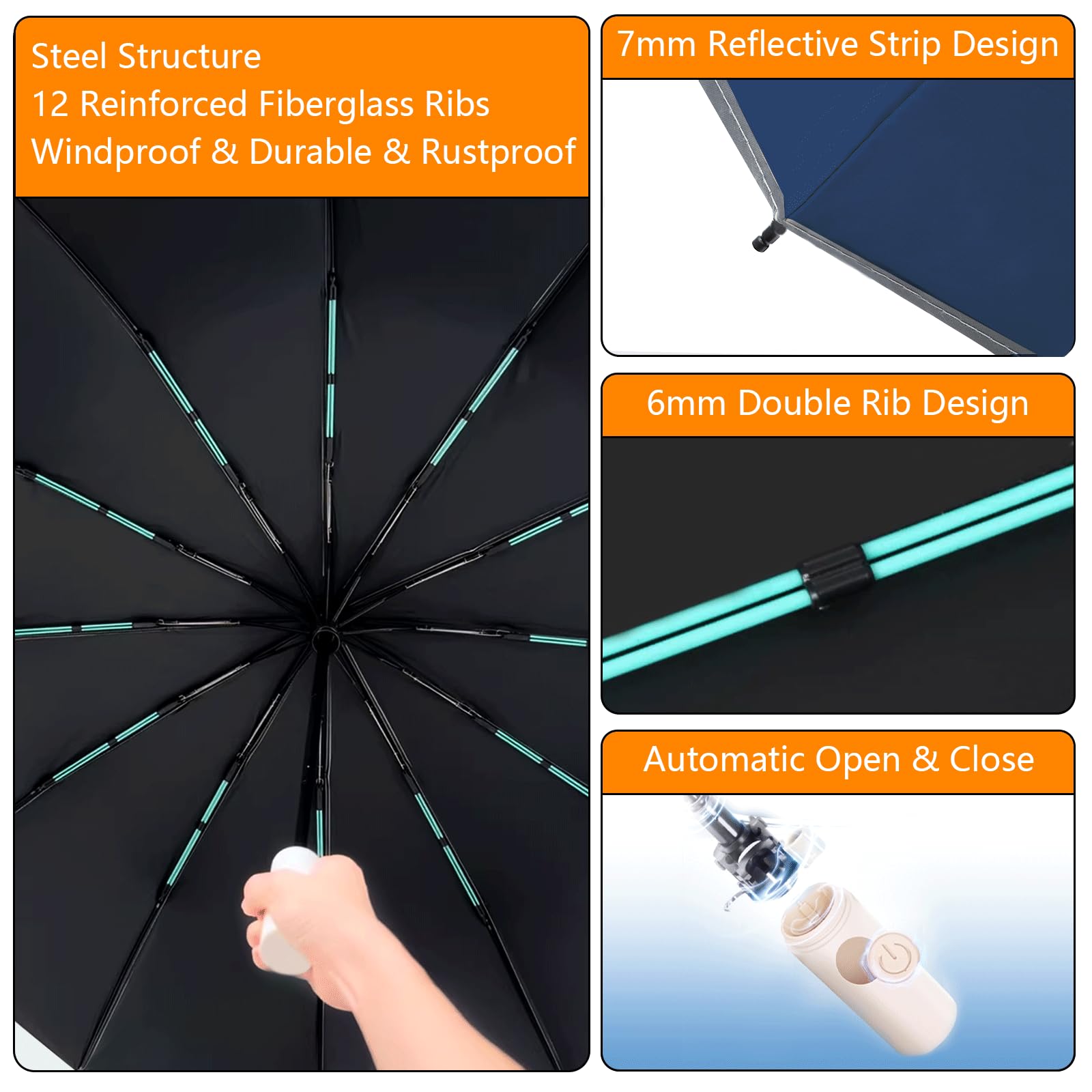 Large Double-Ribs Windproof Umbrella with Reflective Strips - Auto Open/Close Reverse Folding Compact Travel Umbrella for Rainy Days, Walking, Hiking & Outdoor Activities