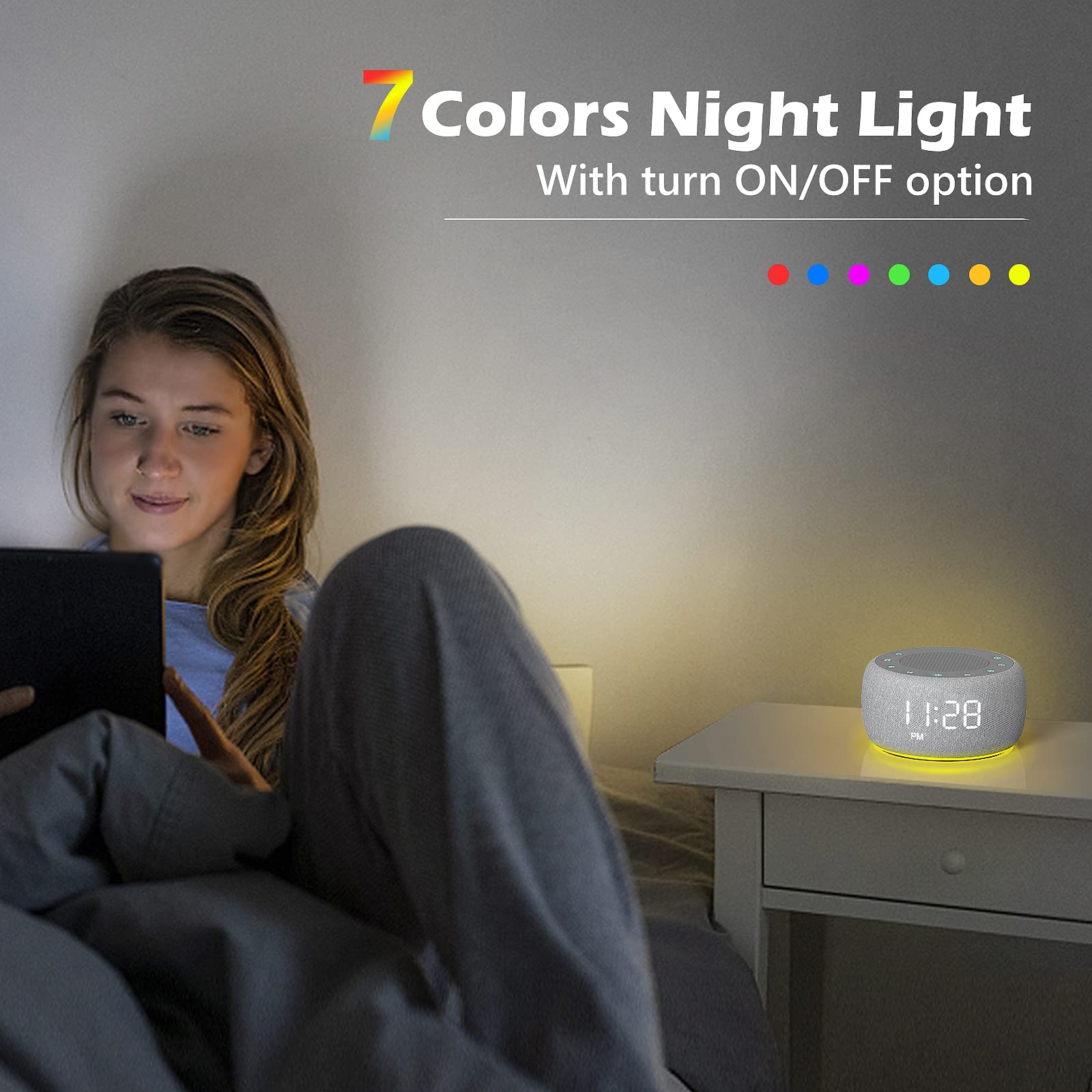 Buffbee 2-in-1 White Noise Machine & Alarm Clock with 18 Soothing Sounds, 7 Night Light Colors, Sleep Timer and 30-Level Volume Control - Perfect for Baby Sleep, Meditation, Office Focus and Home Relaxation