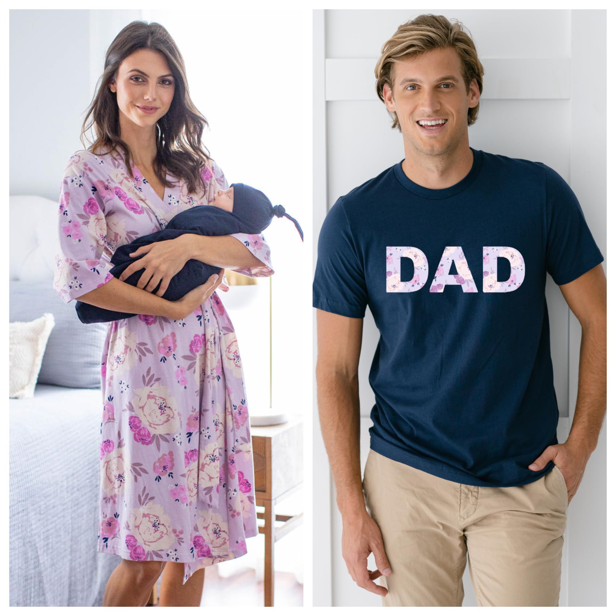 Baby Be Mine Maternity Nursing Delivery Robe & Baby Girl Swaddle Blanket Set with Daddy T-Shirt - Soft Comfortable Postpartum & Newborn Essentials for Hospital, Home & Photo Shoots