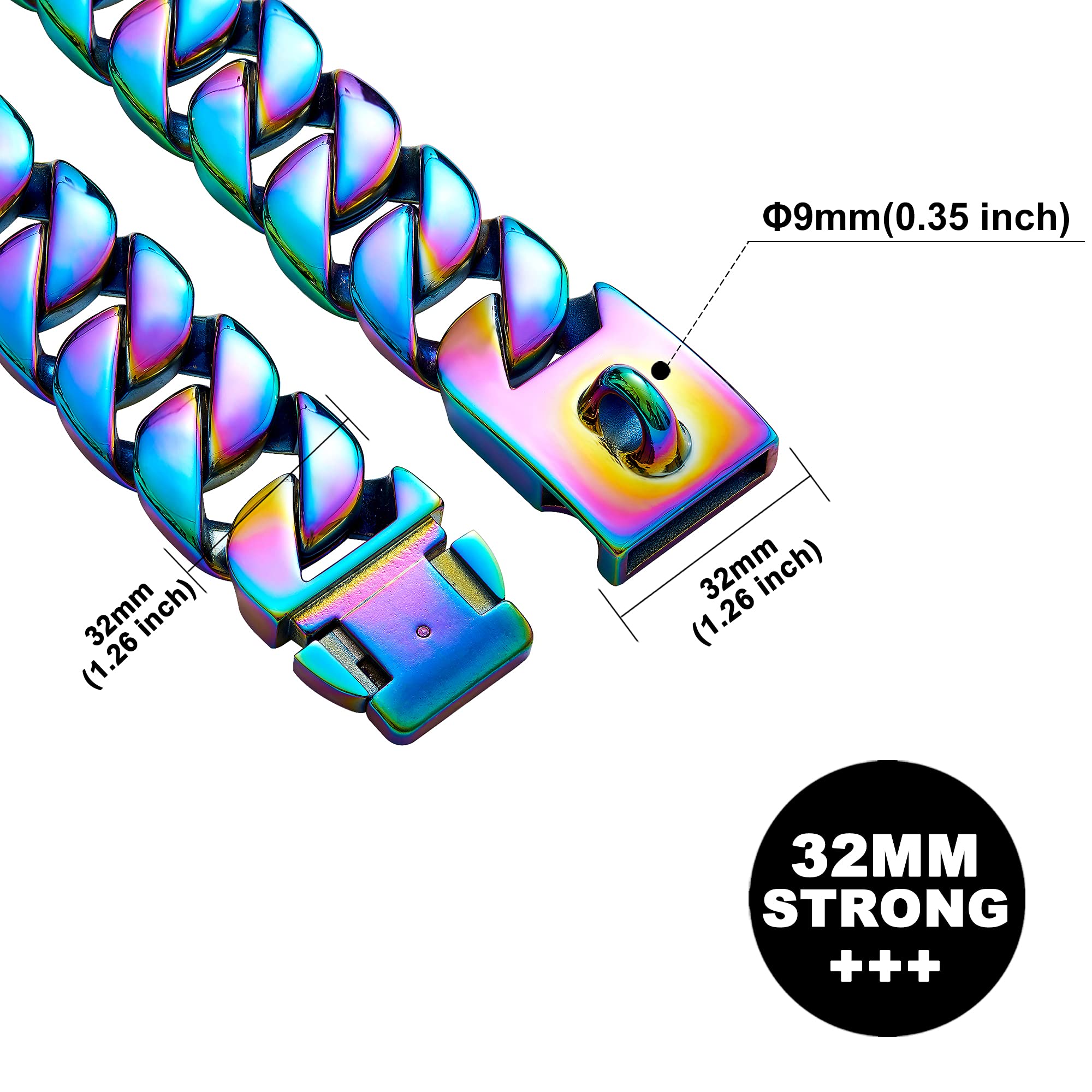 32MM Thick Heavy Duty Cuban Link Dog Collar - Solid Stainless Steel Silver Chain Collar with Buckle for Large Dogs (26