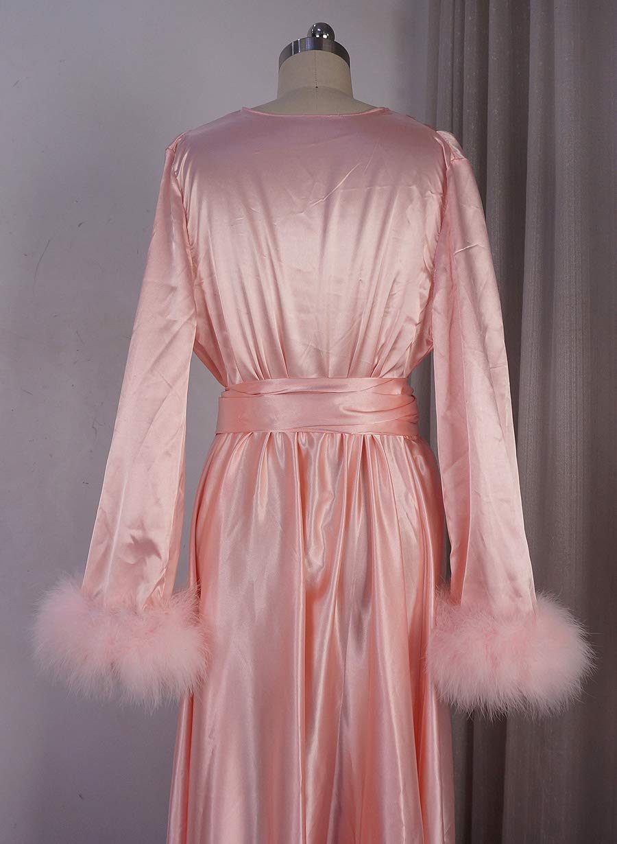 Bridal Robe for Getting Ready - Soft Satin Morning Pajamas with Feather Trim, Long Party Dress for Wedding, Bachelorette & Spa Day - Perfect for Bridal Shower, Photoshoots & Relaxation