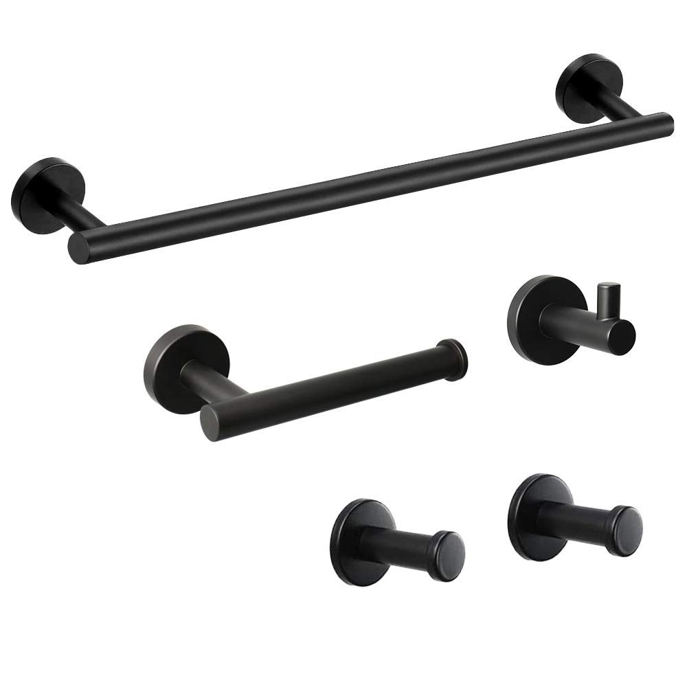 Vanloory 5-Piece Premium 304 Stainless Steel Bathroom Hardware Set - Towel Rack, Toilet Paper Holder & 3 Robe Hooks (16 Inch, Black) - Modern Bathroom Accessories for Home & Hotel Decor