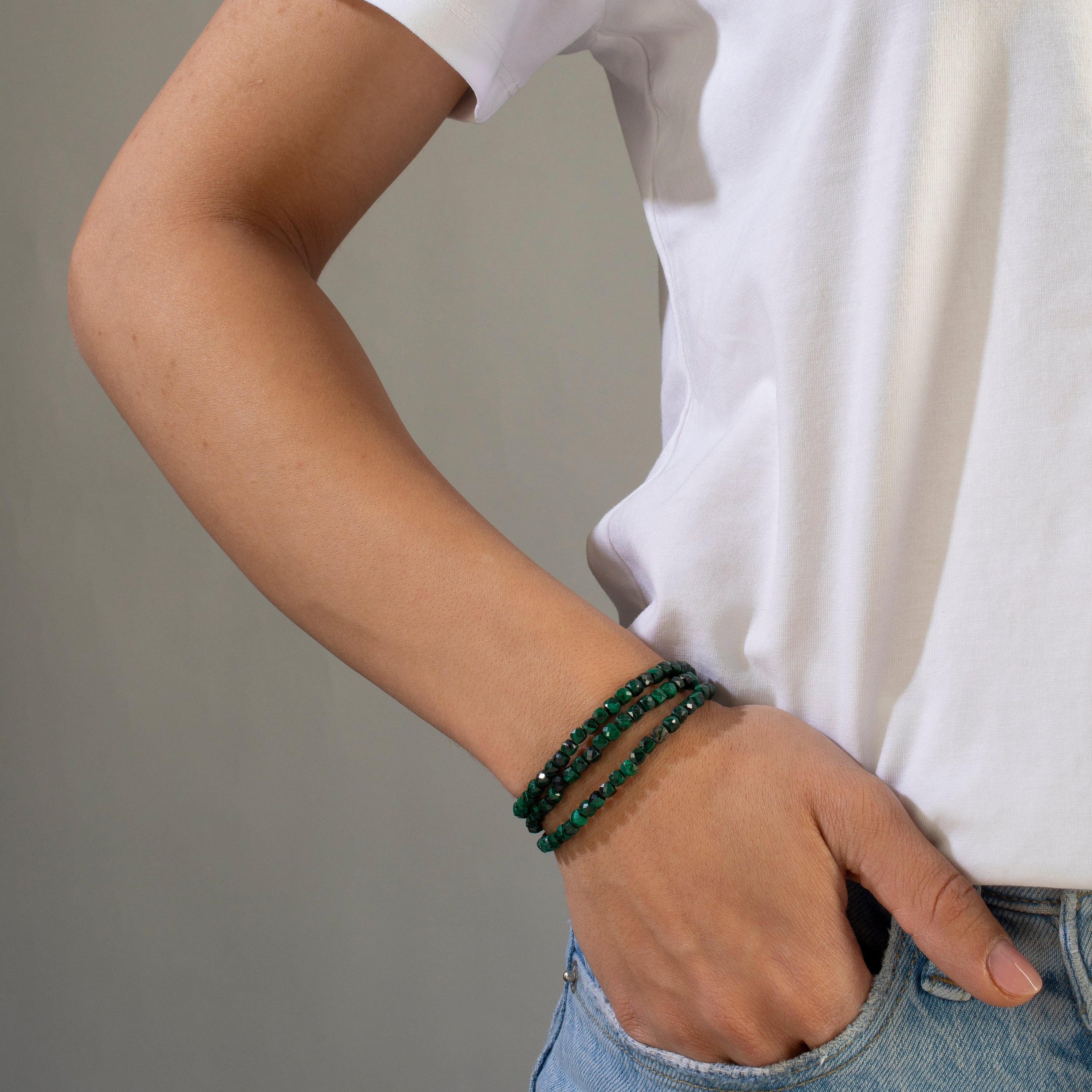4mm Malachite Faceted Cube Beads - 21 Inch Necklace & Multi-Wrap Bracelet Set for Women | Boho Chic Jewelry for Layering, Gift Giving & Spiritual Healing