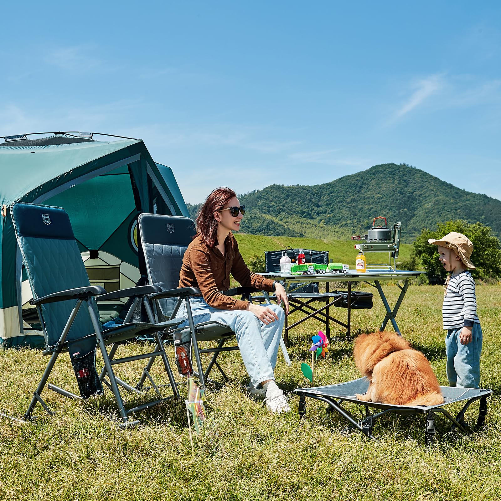 TIMBER RIDGE Adjustable Rocking Camping Chair - Padded High Back Outdoor Rocker with Side Pocket, Portable Folding Chair for Adults (300 LBS Capacity) - Perfect for Lawn, Patio, Porch, Beach & Backyard Relaxation - Blue (1 Pack)