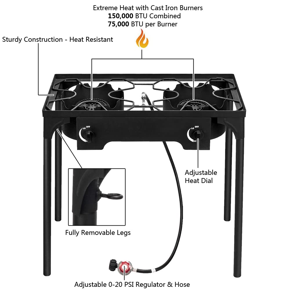Portable High Pressure Propane Gas Camp Stove - Outdoor Cast Iron Cooking Burner for Camping, Backpacking, Patio & BBQ (Black) - Perfect for Grilling, Boiling & Outdoor Cooking Adventures