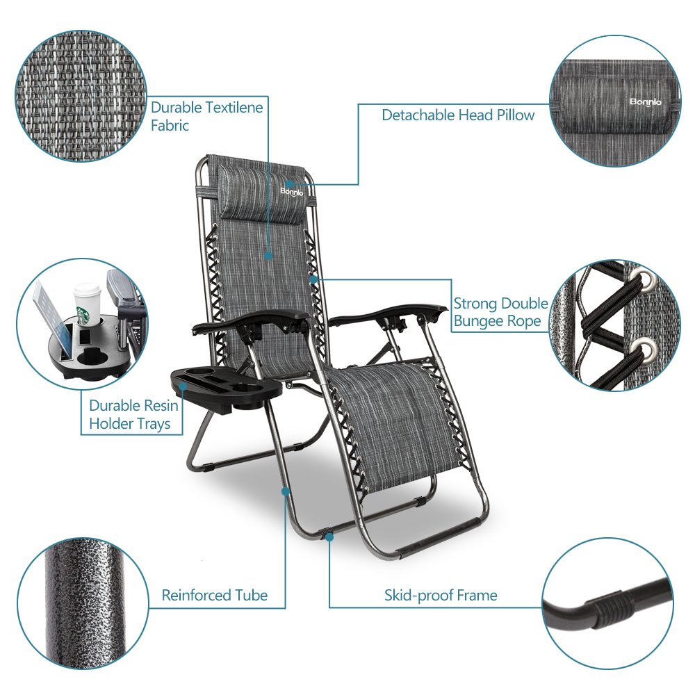 Bonnlo Zero Gravity Chair Set of 2 - Adjustable Outdoor Lounge Chairs with Comfortable Pillow & Cup Holder - Patio, Lawn, Deck, Beach, Backyard Recliners for Relaxing, Sunbathing & Camping