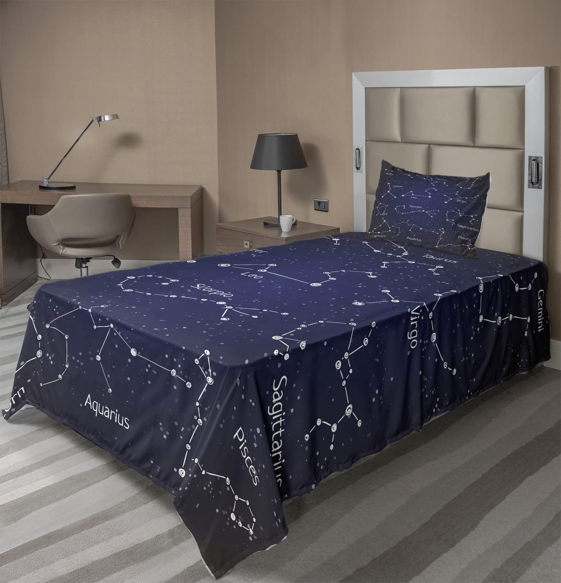 Ambesonne Constellation Bed Sheet Set - Doodle Chalk Style Zodiac Stars & Sign Names, 3-Piece Twin XL Fitted & Flat Sheets with Pillowcase - Dark Blue & White | Perfect for Astronomy Lovers' Bedrooms, Dorm Rooms & Themed Decor