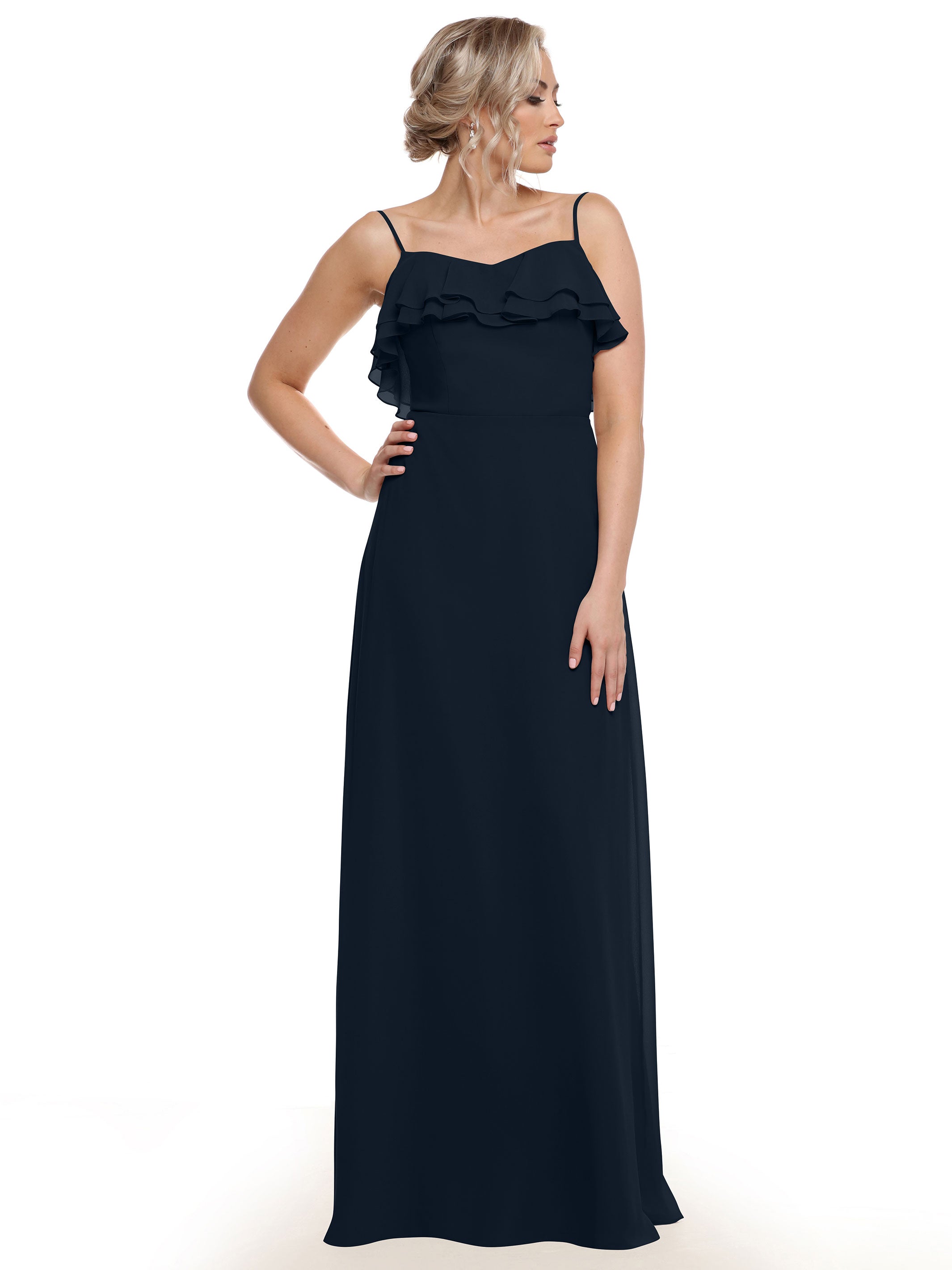 Elegant 80146 Sheath Chiffon Bridesmaid Dress with Ruffled Neckline - Perfect for Weddings, Formal Events & Special Occasions