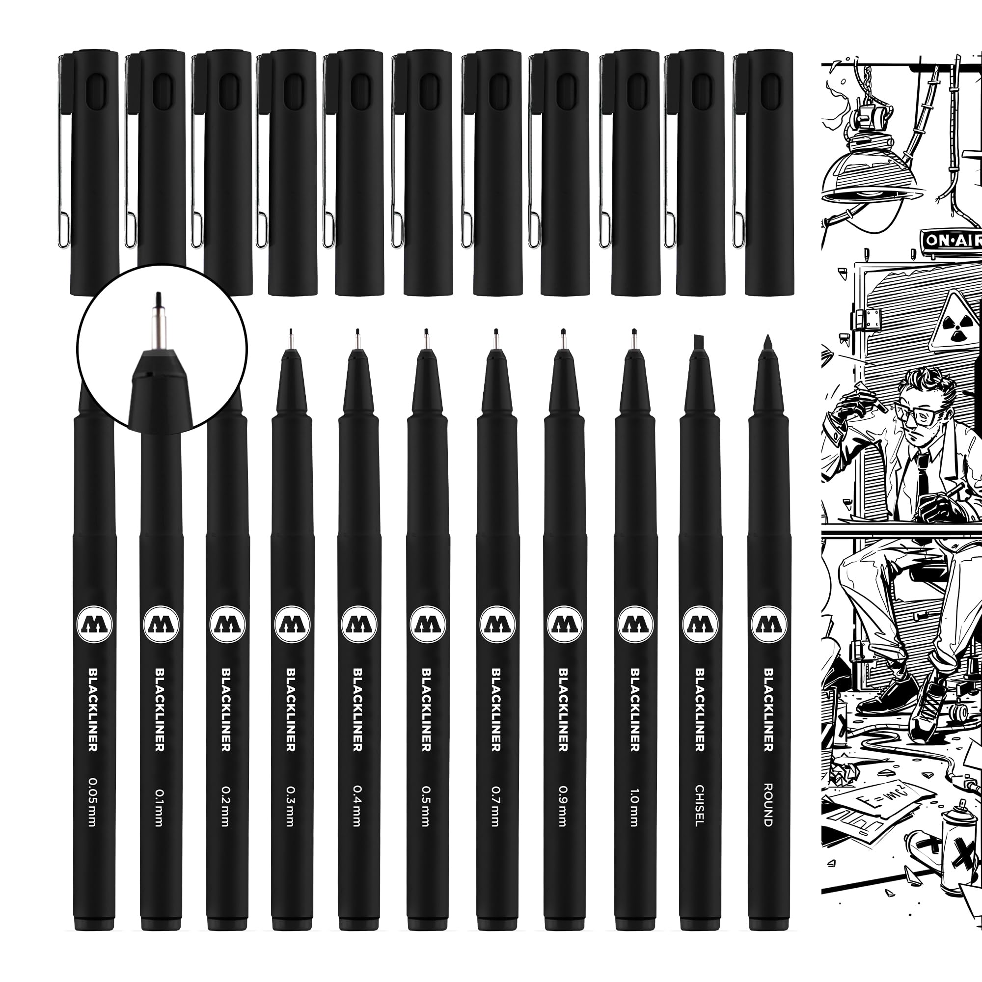 Molotow Blackliner Pen Complete Set - 11 Premium Markers for Artists & Designers | Ideal for Sketching, Calligraphy & Graffiti (200.485)