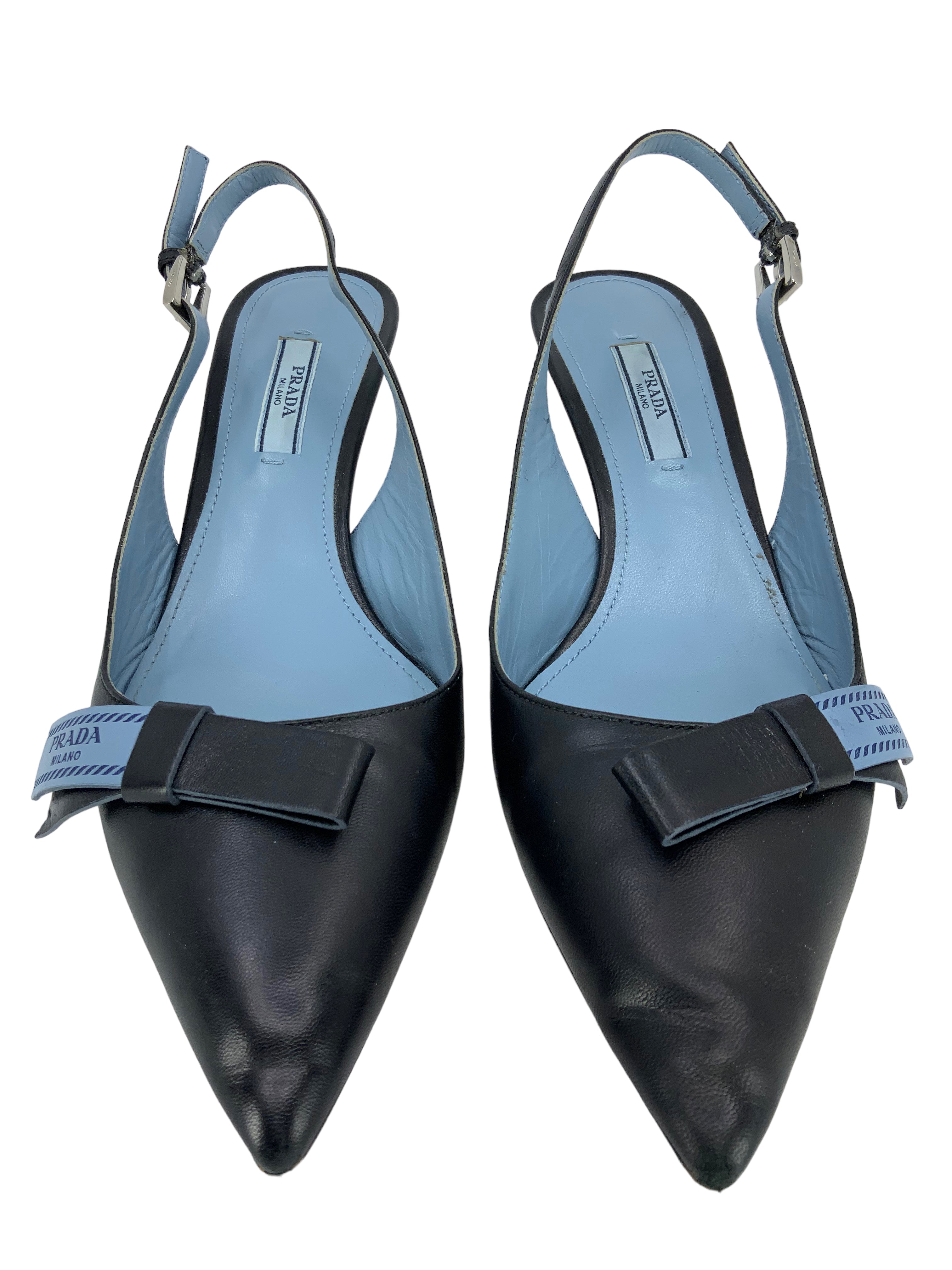 Prada Leather Logo Bow Kitten Heel Slingback Pumps Women's Size 7.5 - Perfect for Office, Party & Special Occasions