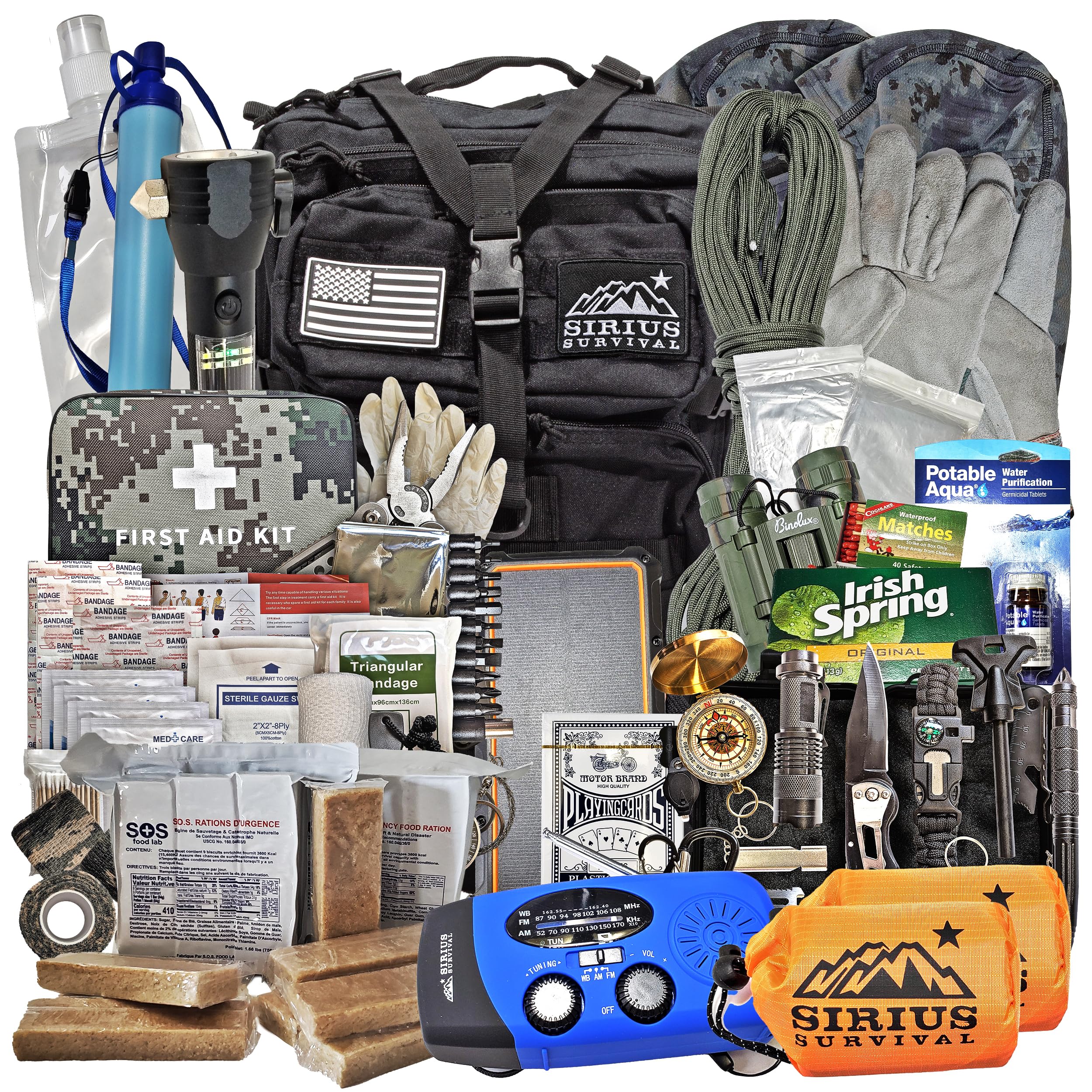 Sirius Premium 50L Tactical Bug Out Backpack - 72 Hour Survival Kit for 2 People - Emergency Go Bag with Essential Gear - Perfect for Outdoor Adventures, Camping & Disaster Preparedness