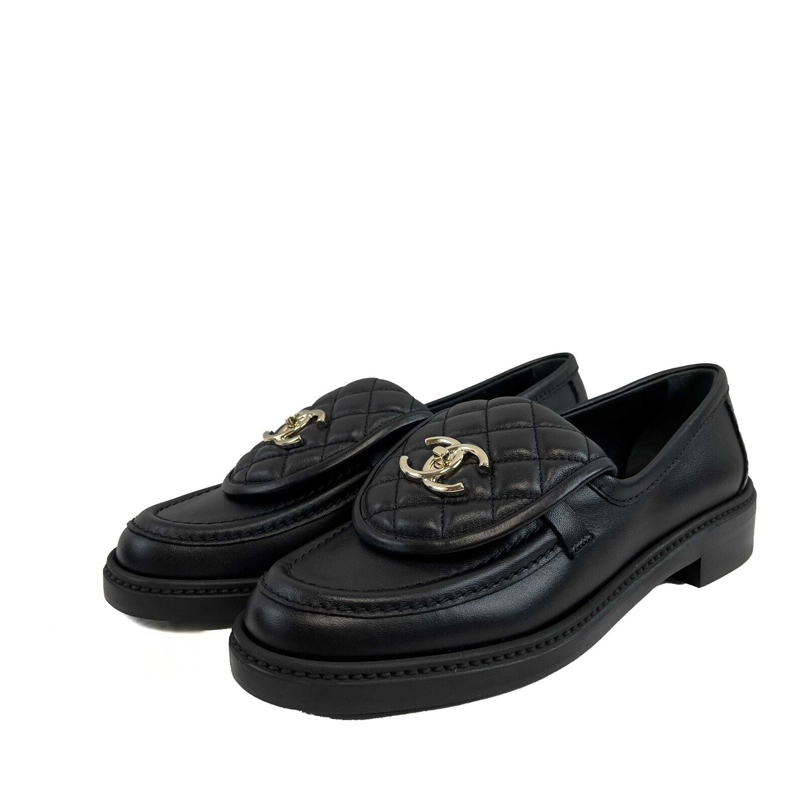 Chanel Quilted Lambskin CC Turnlock Loafers Black Size 37.5 (US 7.5) - Luxury Designer Flats for Women | Perfect for Office, Parties & Special Occasions