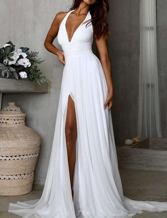 Elegant Long Chiffon White Beach Wedding Dress - Minimalist Summer Maxi Dress for Bridal, Vacation & Photoshoots