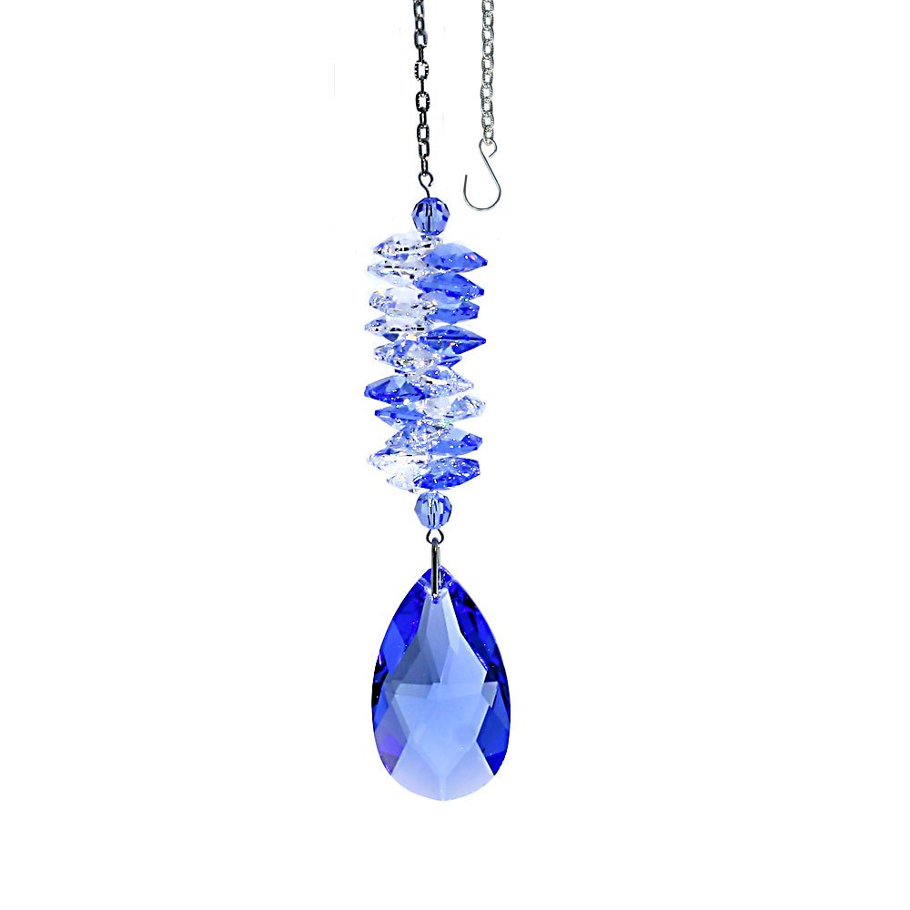 5 Inch Blue Sapphire Almond Prism Crystal Suncatcher - Swarovski Rainbow Maker with Spiral Cascade Design for Window Decor, Garden Ornament & Home Decoration