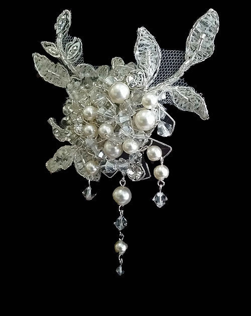 Elegant Bridal Headpiece - Lace & Pearl Cluster Side Comb with Drops | Sachelle by Kezani | Perfect for Weddings, Prom & Special Occasions
