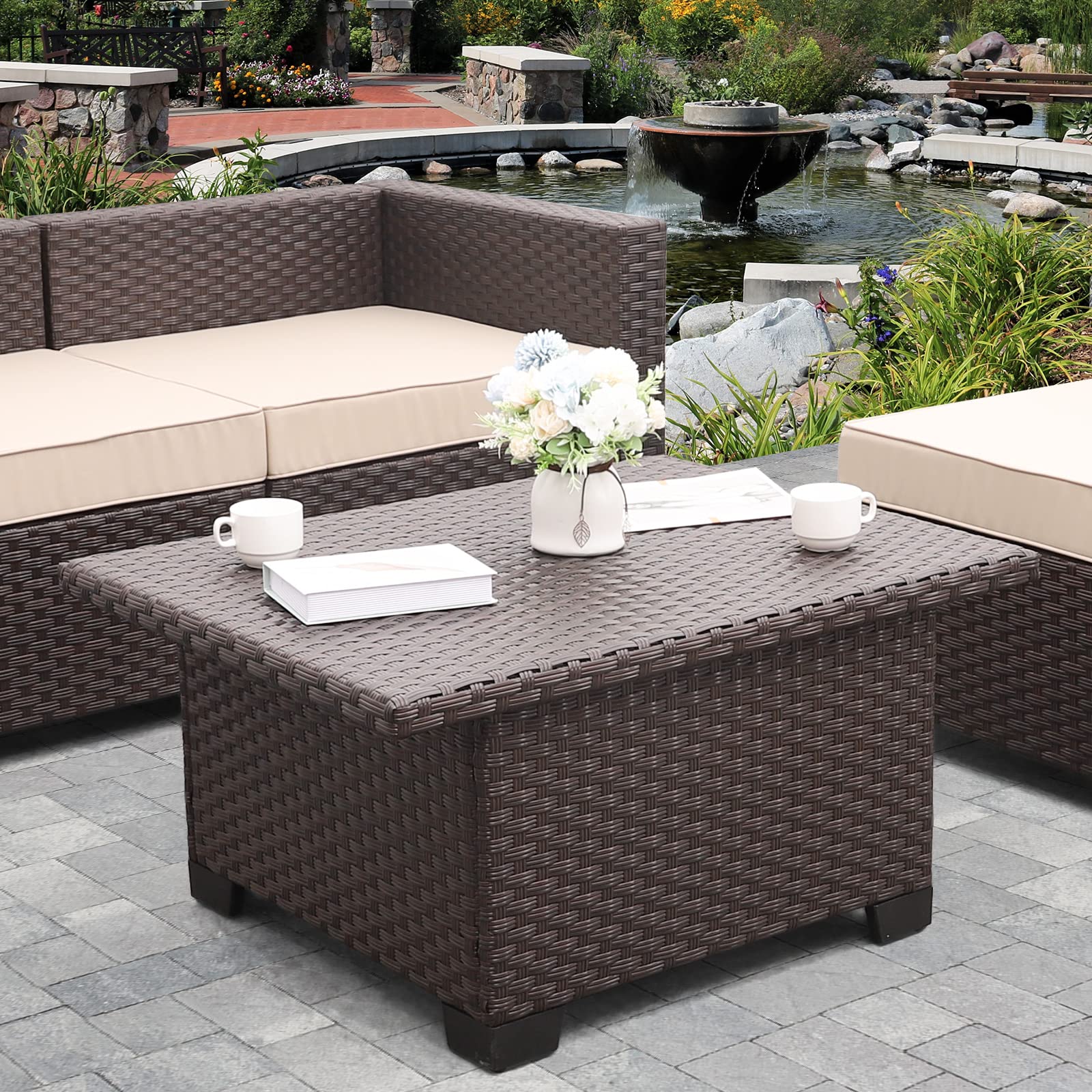 Outdoor PE Wicker Liftable Coffee Table - Patio Rattan Garden Furniture with Multi-Functional Storage | Weather-Resistant Dark Brown Tea Table for Backyard, Poolside & Balcony Decor