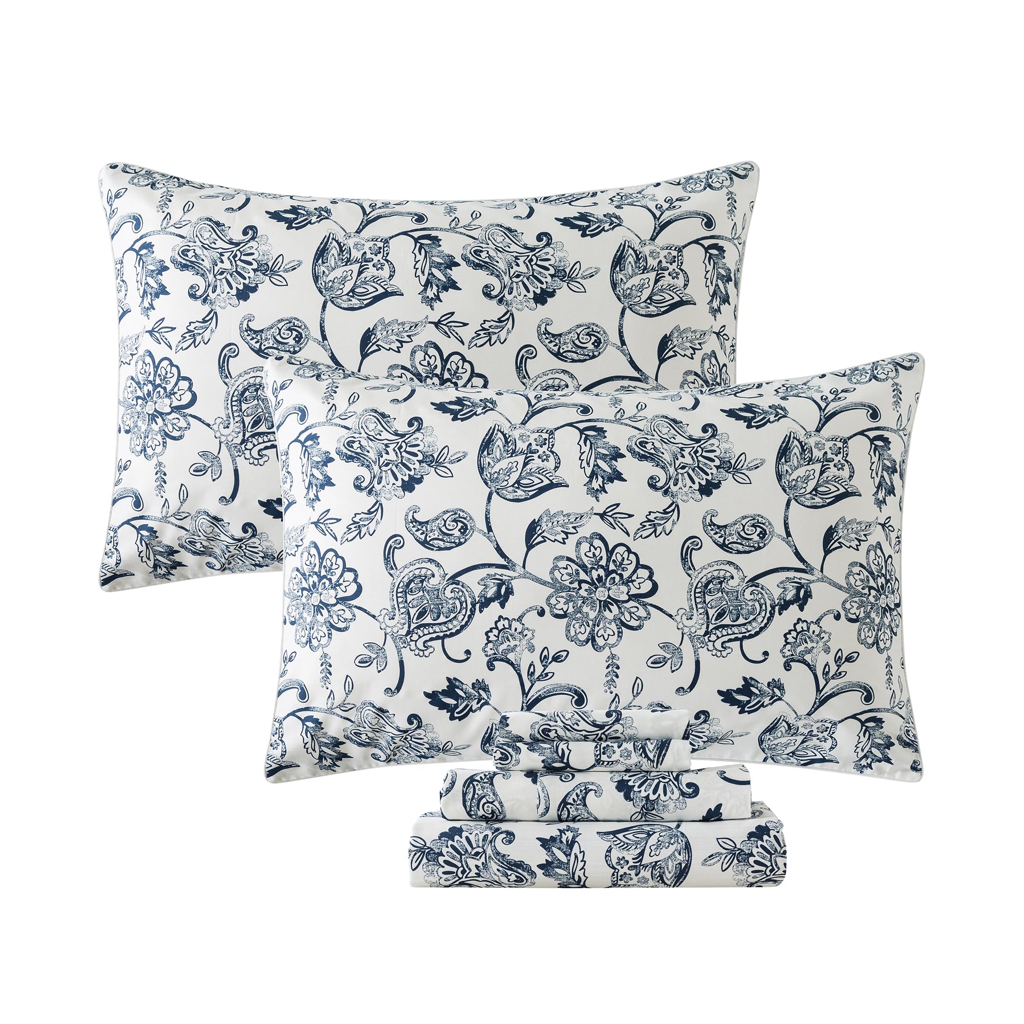 FADFAY King Size Paisley Bed Sheet Set - 4Pcs Luxury Navy & Beige Floral Vintage Farmhouse Bedding, Ultra Soft 100% Cotton with 17.5'' Deep Pocket Fitted Sheet for Master Bedroom, Guest Room & Airbnb