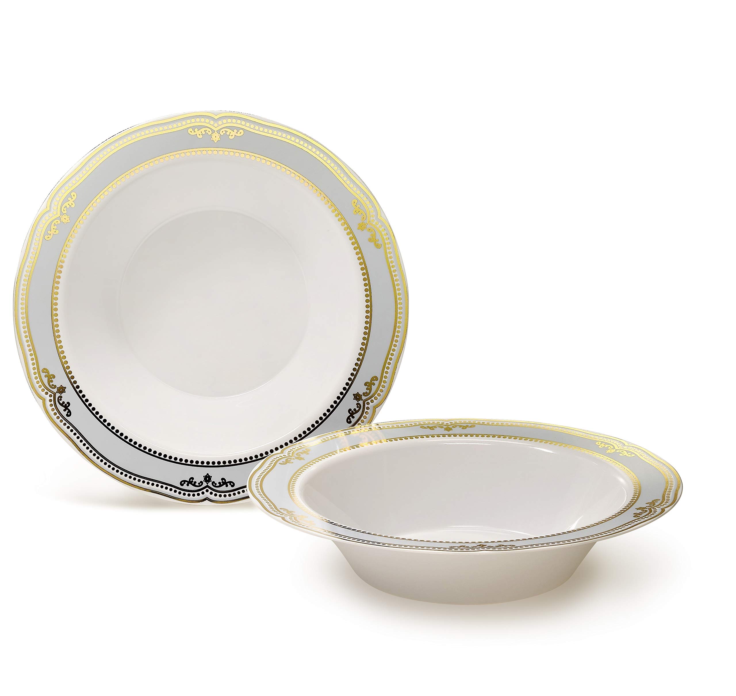 60-Piece Disposable Plastic Plates & Bowls Set - 12oz Scalloped Soup Bowls for Weddings, Parties & Events (White/Blue & Gold) - Perfect for Catering, Picnics & Family Gatherings