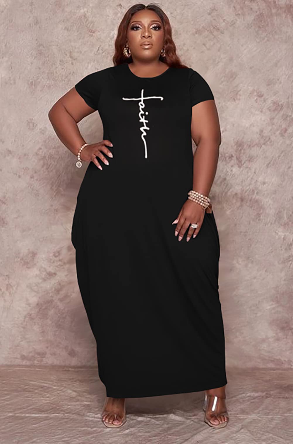 Fooullaide Women's Plus Size Casual Summer Dress - Short Sleeve V-Neck Loose Oversize Flowy Long T-Shirt Dress with Pockets | Perfect for Beach, Vacation & Everyday Wear