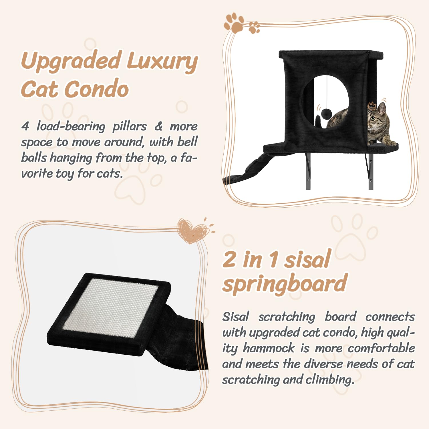 NUNU LAB 7-in-1 Wall Mounted Cat Climbing Set with Cat House, Tunnel, Bridge, Tree, Steps, Scratcher & Hammock - Luxury Indoor Cat Wall Furniture for Play, Rest & Exercise (Black) - Perfect for Small Spaces & Multi-Cat Homes