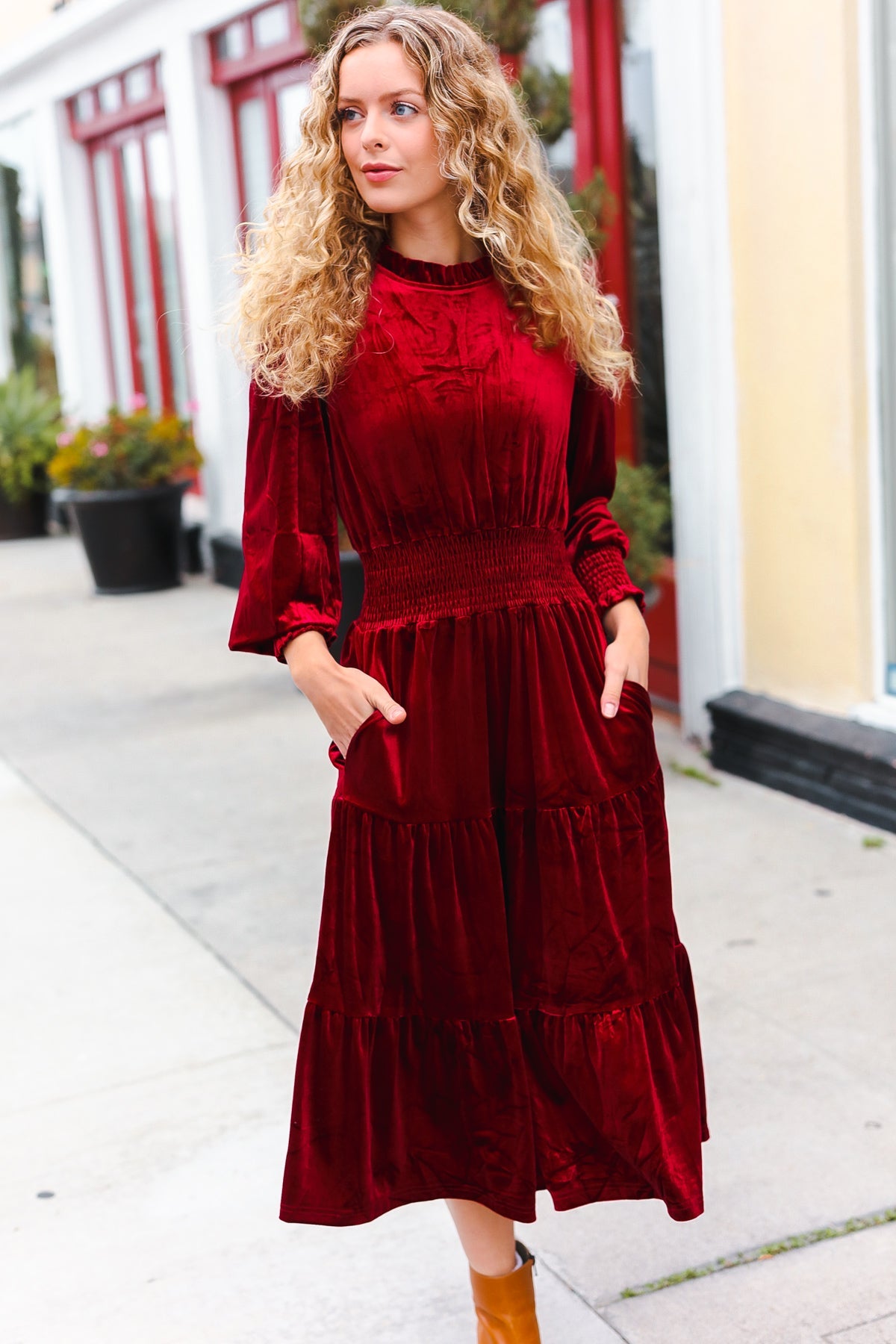 Burgundy Velvet Mock Neck Smocked Waist Dress for Women - Elegant Holiday Party & Christmas Dinner Outfit