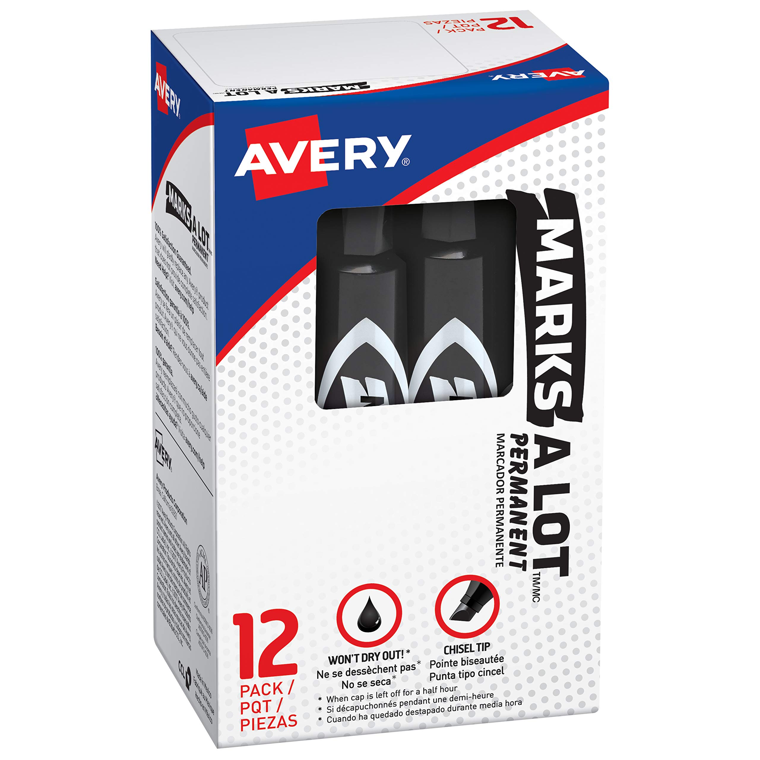 Avery Marks-a-Lot Permanent Marker - Black (07888) - 12 Pack with Chisel Tip for Office, School, and Home Use - Ideal for Labeling, Organizing, and Craft Projects