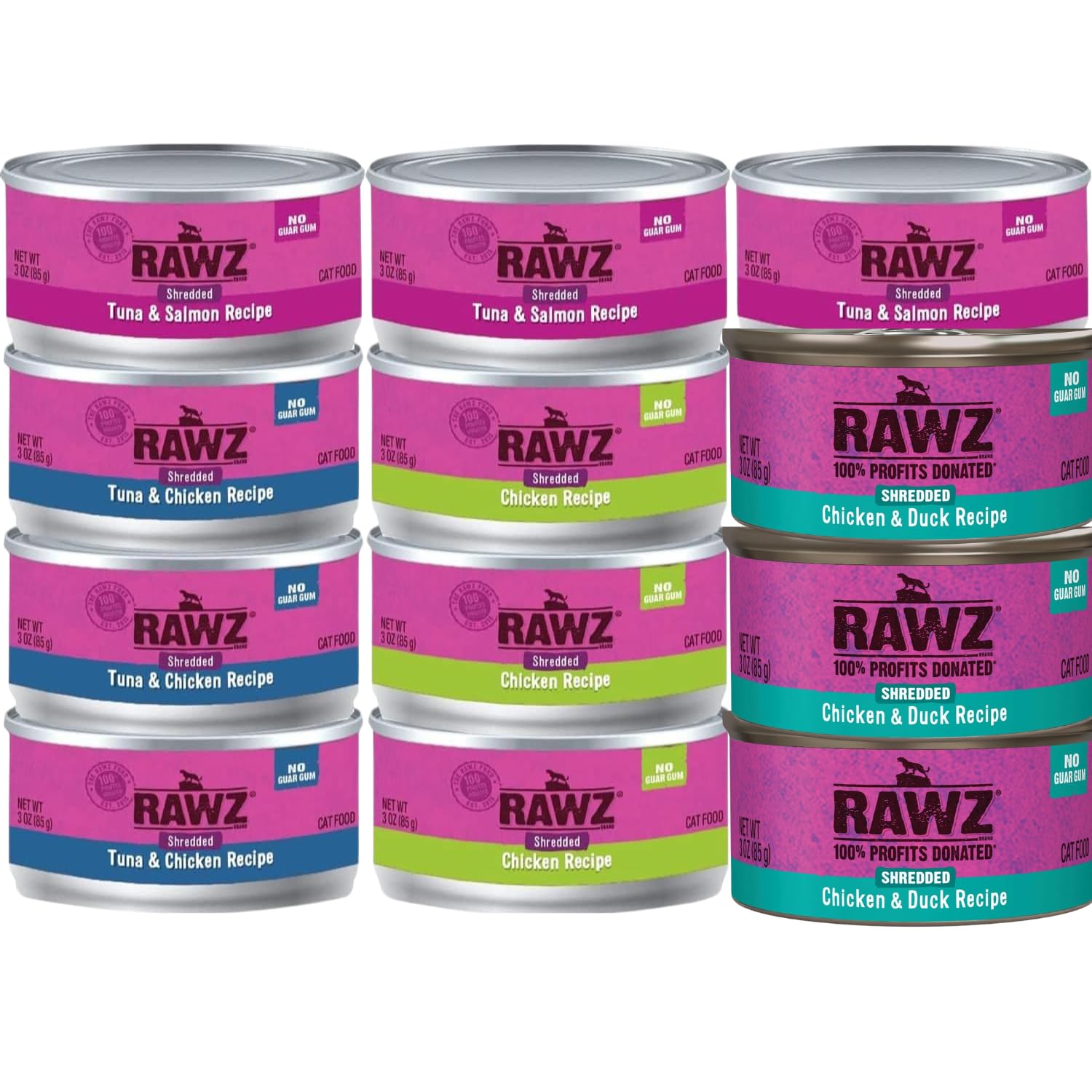 Rawz Natural Premium Canned Cat Wet Food Shredded - 12 Pack Variety (4 Flavors: Tuna & Salmon, Chicken & Duck, Tuna & Chicken, Pure Chicken) - Grain Free, High Protein Cat Food - Perfect for Adult Cats & Kittens - 3oz Cans with Easy-Open Lids - Ideal for Daily Meals, Travel & Picky Eaters