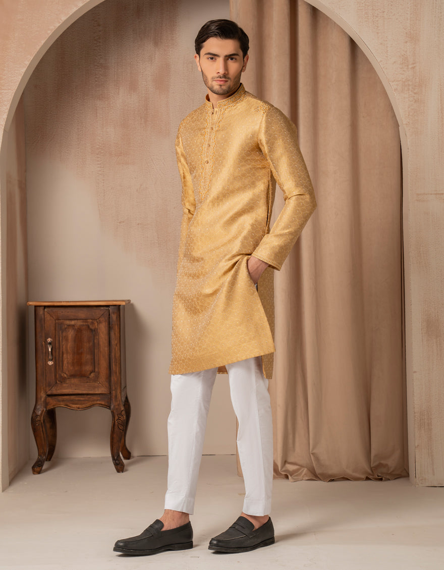 Premium Blended Golden Special Kurta by J. Junaid Jamshed - Elegant Pakistani Traditional Wear for Men, Perfect for Eid, Weddings & Festive Occasions