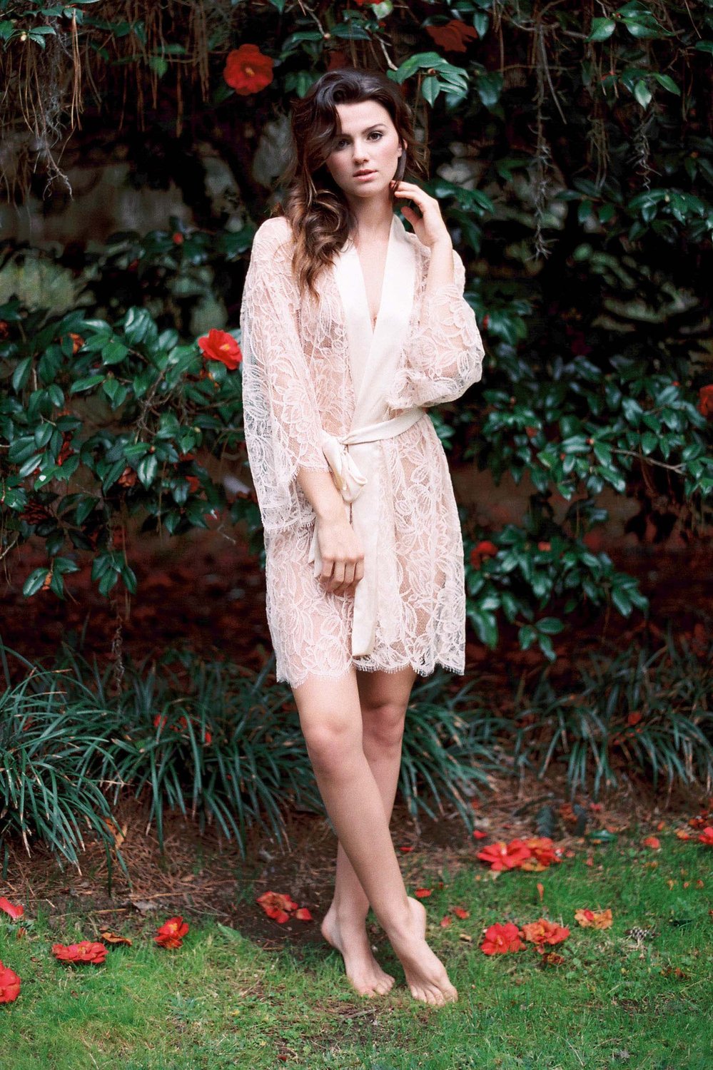 Blush Pink Tulip French Lace & Silk Kimono Robe - Elegant Loungewear for Bridal Shower, Honeymoon & Spa Days