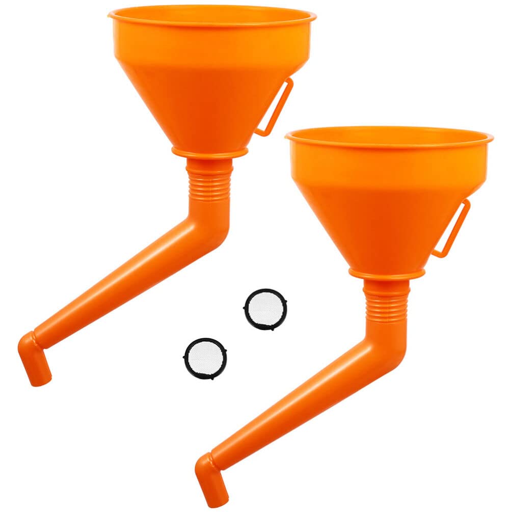 VICASKY Right Angle No-Spill Automotive Funnel - 2 Pack Orange Plastic Multi-Purpose Filling Funnel for Cars, Motorcycles, ATVs & Lawn Mowers - Perfect for Oil Changes, Fluid Transfers & DIY Maintenance