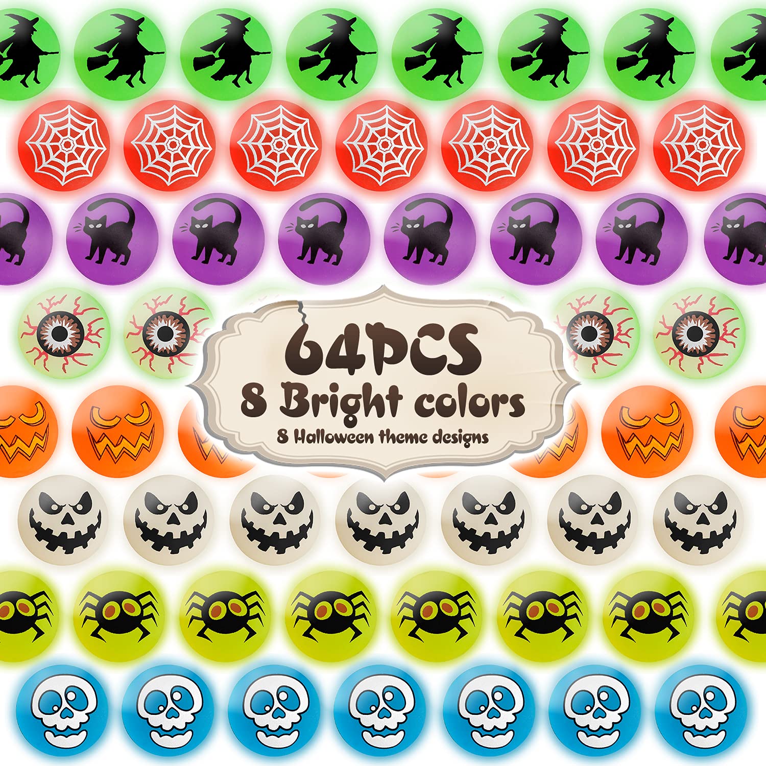64pcs Glow in The Dark Bouncing Balls - 8 Halloween Themed Bouncy Toy Balls for Party Favors, Trick or Treat Gifts & Classroom Rewards | Fun Halloween Party Supplies, Kids Games & Nighttime Outdoor Activities
