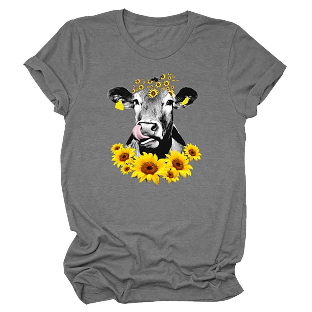 Women's Short Sleeve Graphic T-Shirt - Sunflower & Cow Print Crewneck Tee - Plus Size Summer Top for Casual Wear, Outfits & Beach Vacation