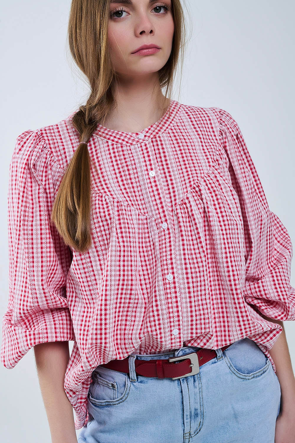Red and White Vichy Check Floral Print Sleeveless Collarless Blouse for Women - Perfect for Casual Outings, Summer Dresses & Office Wear