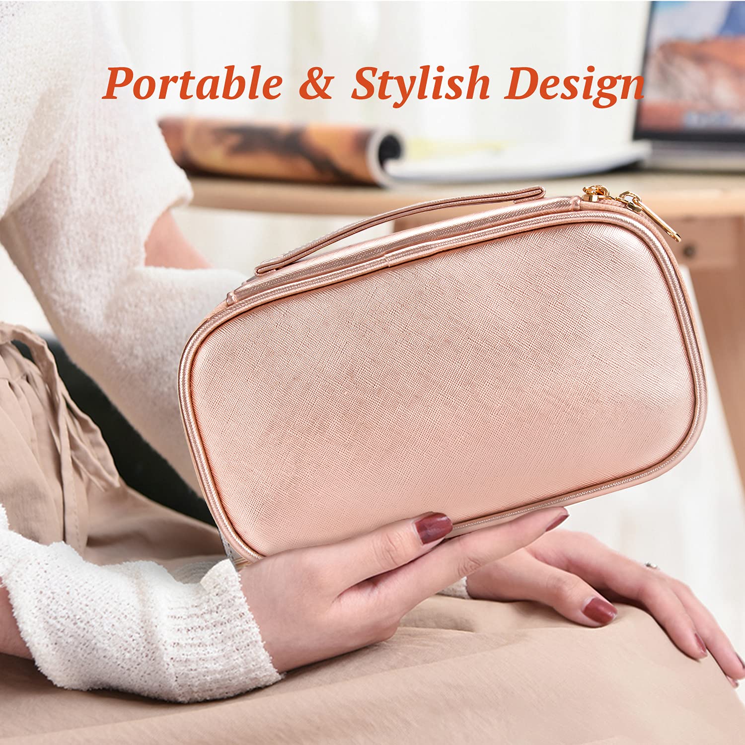 OCHEAL Small Cosmetic Bag for Women - Portable Travel Makeup Organizer Pouch with Brush Holder, Cute Rose Gold Cosmetic Case | Perfect for Travel, Gym, and Daily Makeup Storage