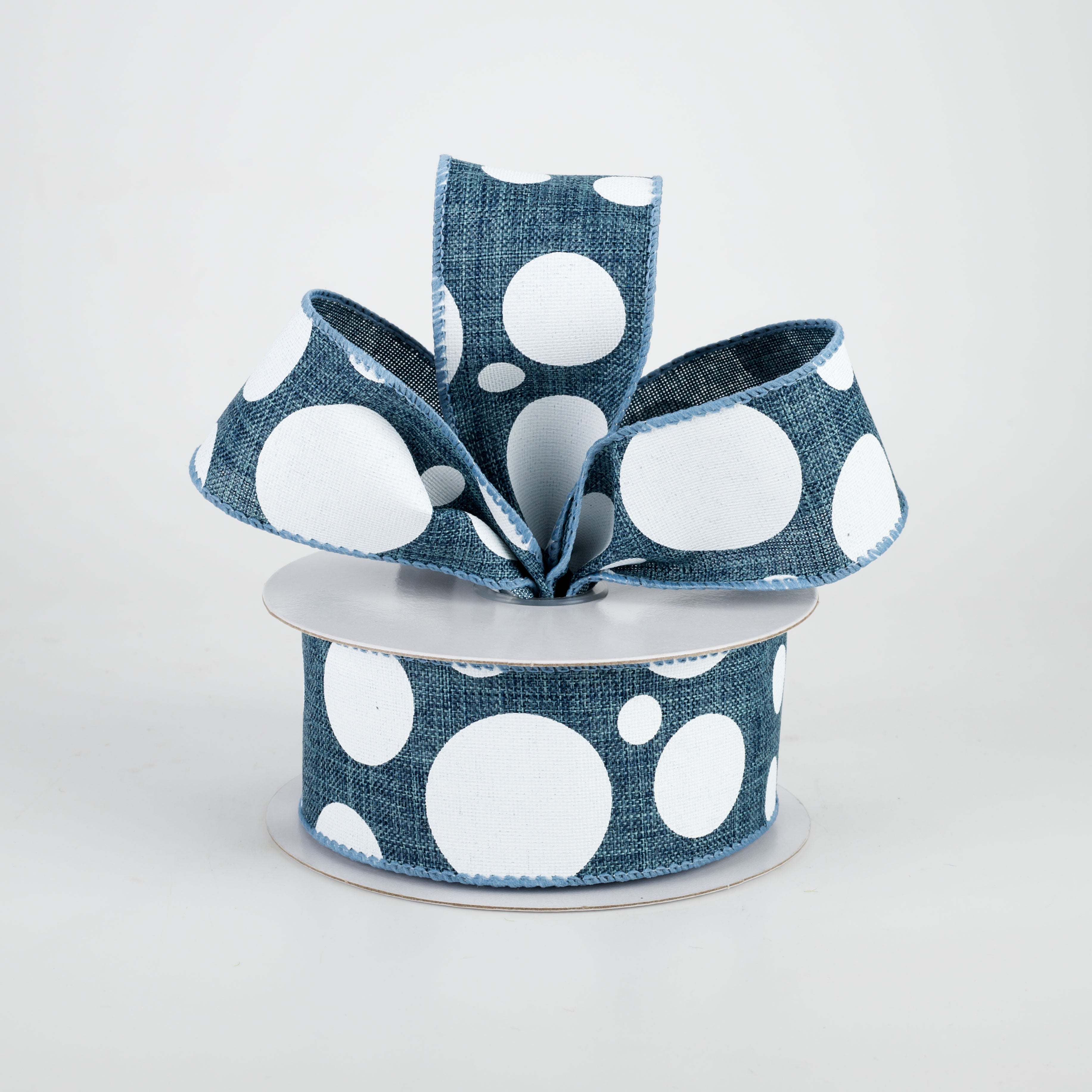 1.5 Inch Big & Small Dots Ribbon - Denim & White Pattern - 10 Yards Bulk Roll for Gift Wrapping, Crafts, DIY Projects & Party Decorations