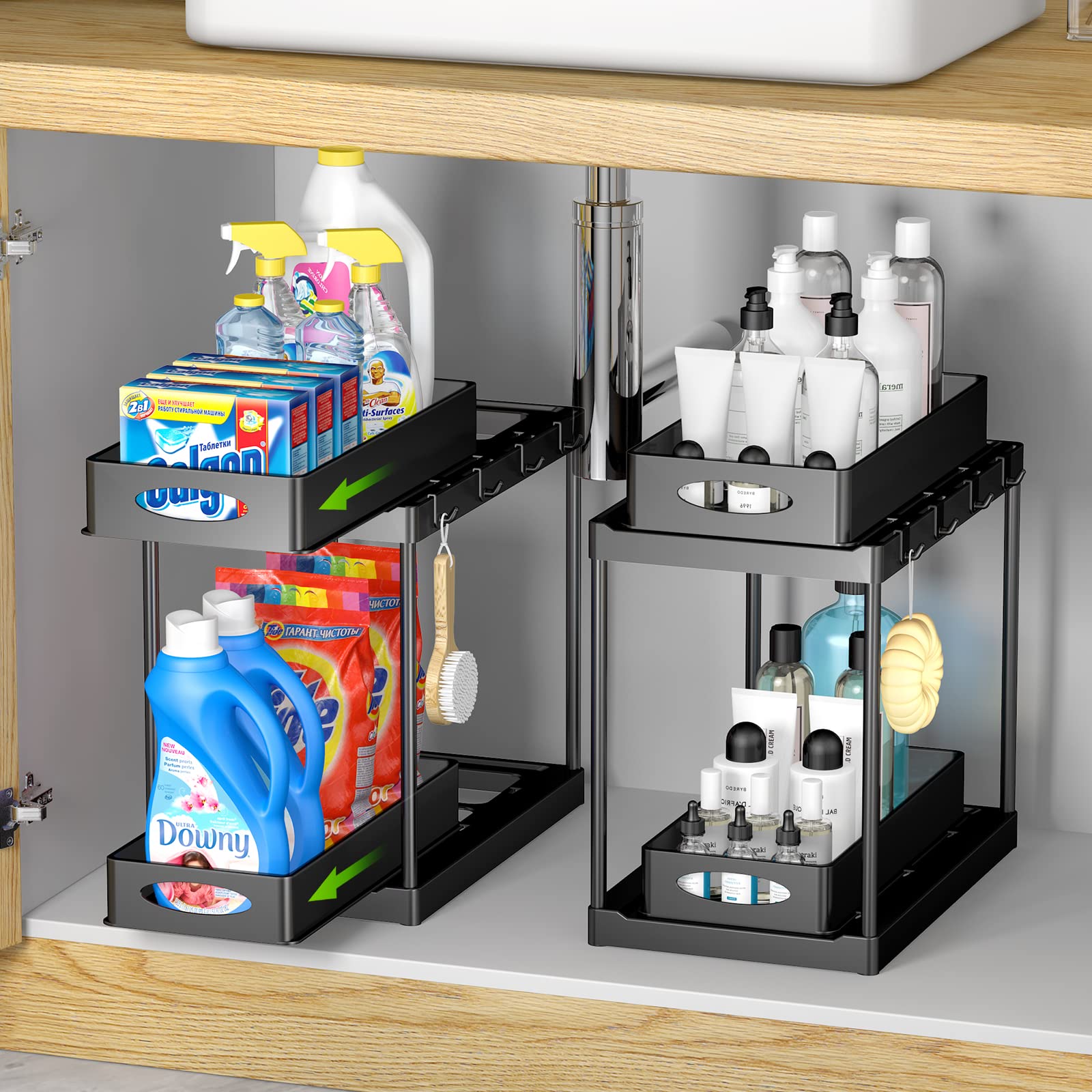 2-Tier Under Sink Organizer with Sliding Drawer & 8 Hooks - Space Saving Storage for Kitchen & Bathroom Cabinets (2 Pack) - Perfect for Organizing Cleaning Supplies, Sponges & Toiletries