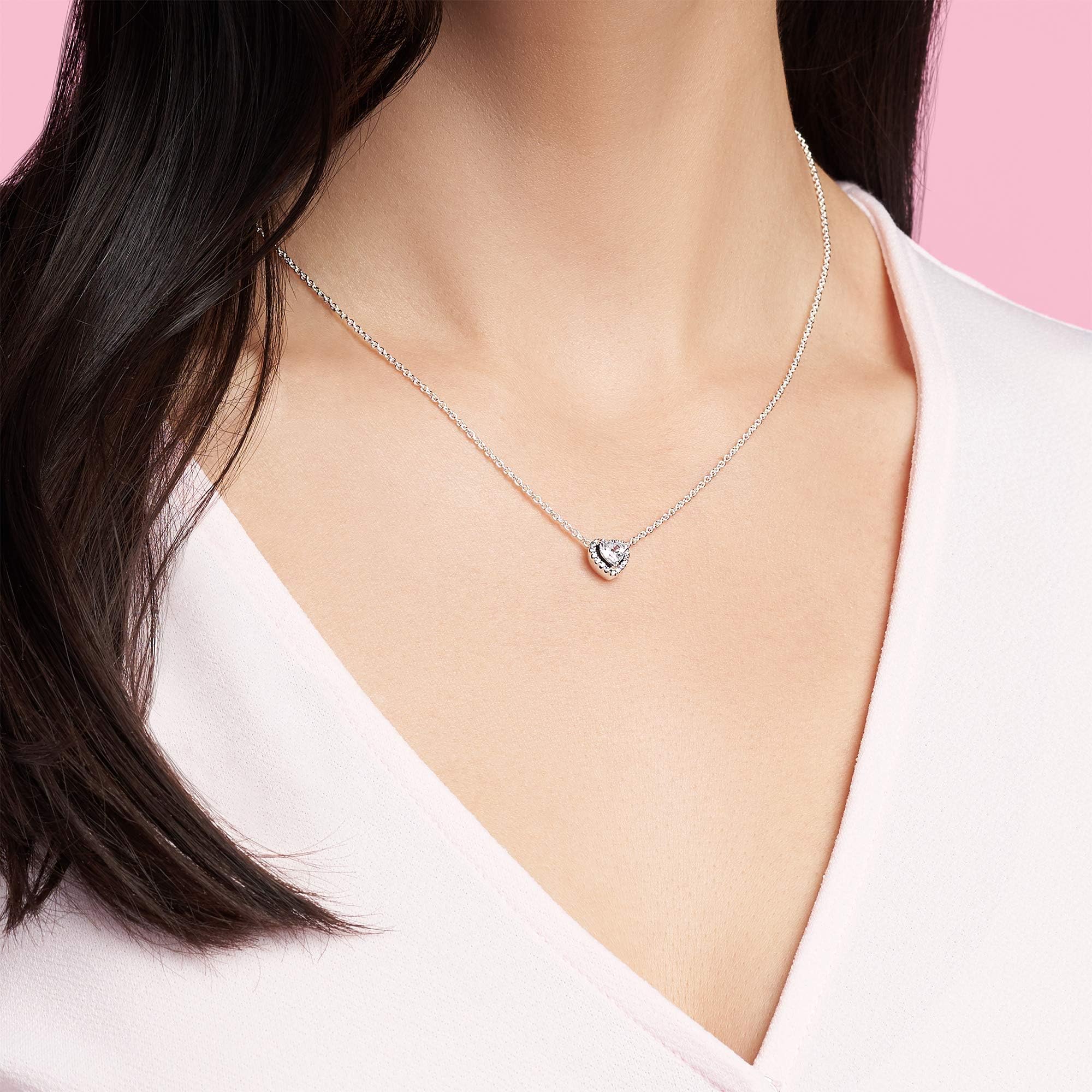 PANDORA Sterling Silver Elevated Heart Cubic Zirconia Necklace - 17.7 Inch Elegant Dainty Pendant Jewelry for Women, Perfect Gift for Valentine's Day, Anniversary or Birthday (No Box Included)