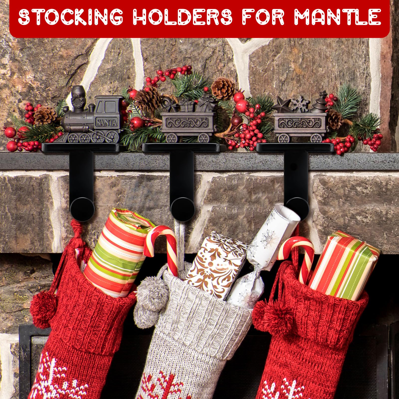 Landhoow 6-Piece Heavy Duty Wrought Iron Christmas Stocking Holders with Protective Pads - Black Mantel Hangers for Fireplace, Shelf & Holiday Decor - Perfect for Xmas Stockings, Gift Bags & Festive Home Decorating