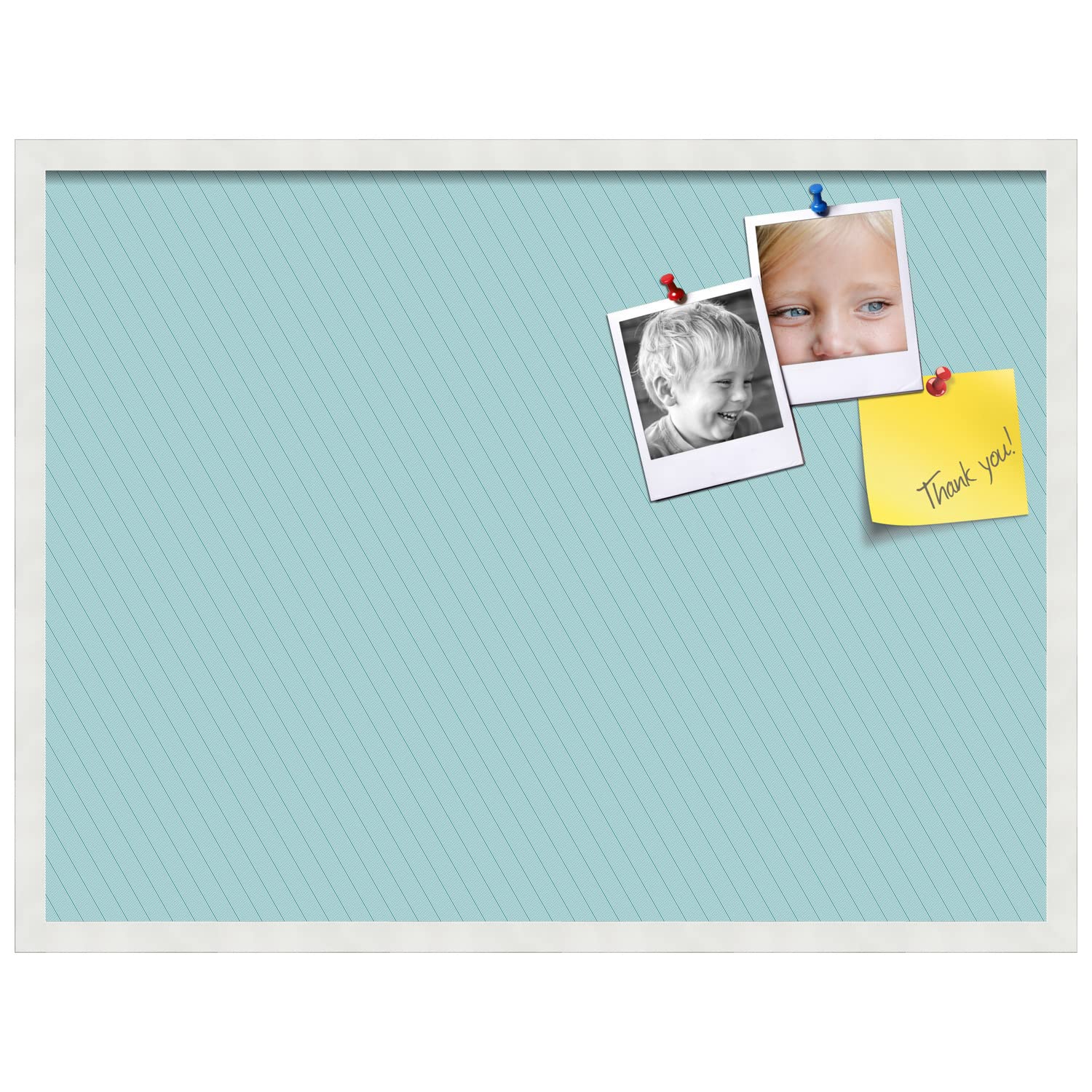 PinPix 32x24 Inch Cork Bulletin Board with Lux Stripes Aqua Design & Satin White Frame - Decorative Wall Memo Board for Home Office School Classroom Decor - Perfect for Notes, Photos & Reminders