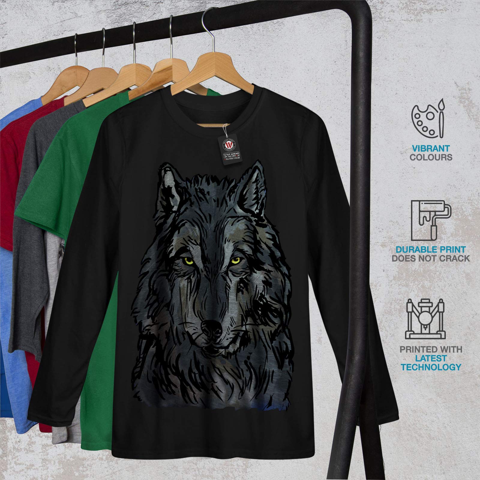 Wellcoda Men's Long Sleeve Graphic T-Shirt - Vintage Wolf Beast Eye Design, Soft Cotton Tee for Casual Wear, Street Style & Outdoor Adventures