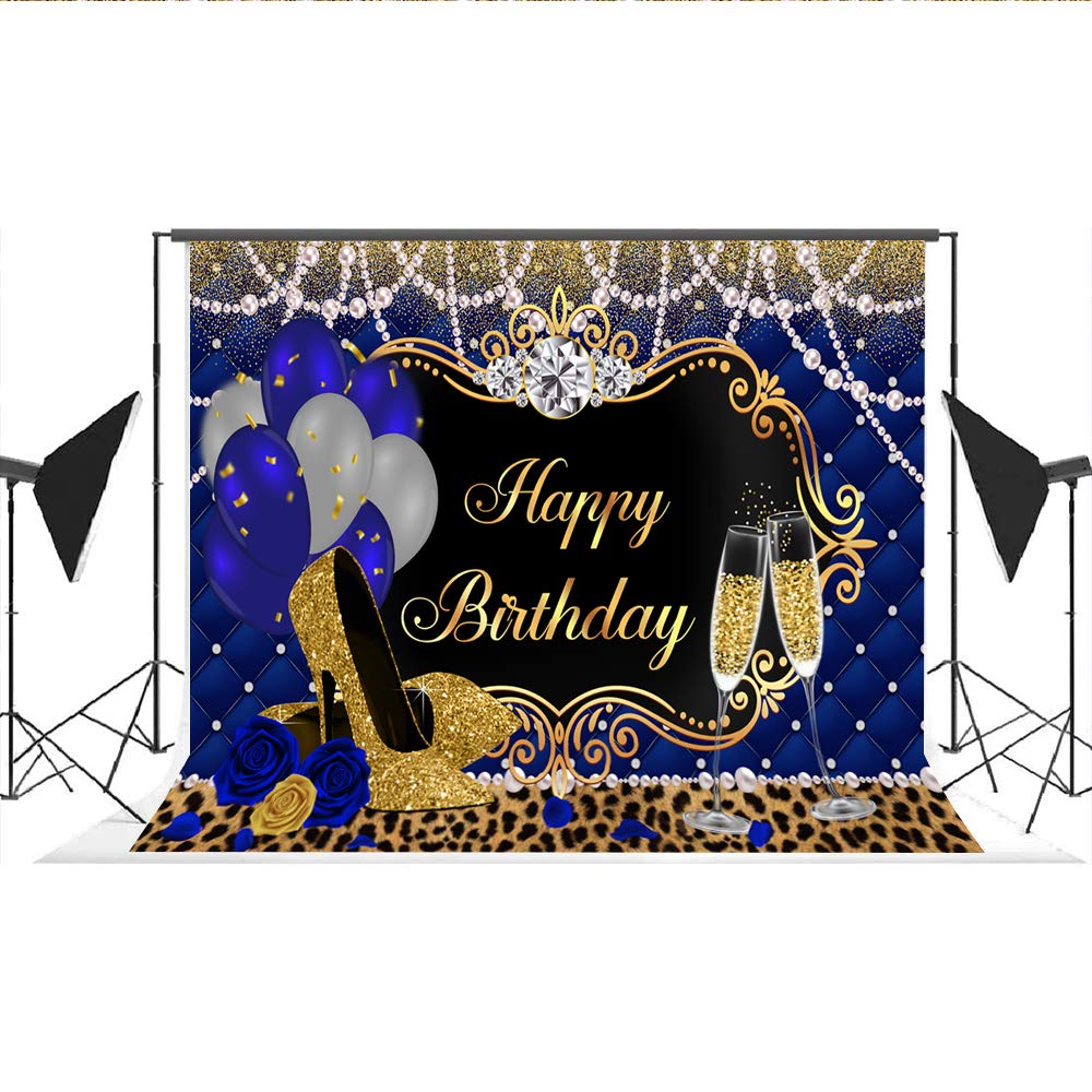 Lofaris Gold & Royal Blue Birthday Backdrop - Elegant Happy Birthday Party Background with High Heels, Balloons & Pearl Leopard Decor - Perfect for Women's Birthday Parties, Baby Showers & Special Events (7x5ft)