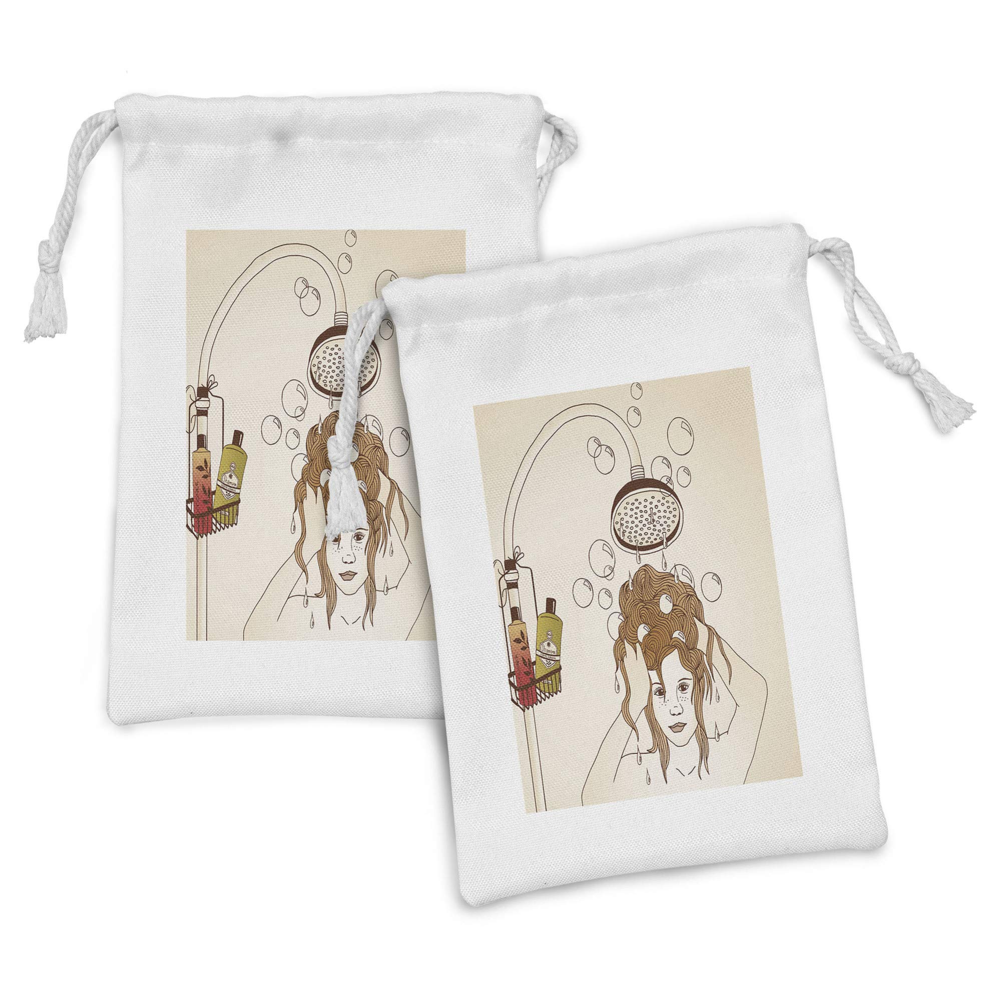Ambesonne 2-Pack Cartoon Fabric Drawstring Pouch Set - Shower & Hair Care Design with Soap Bubbles, 9