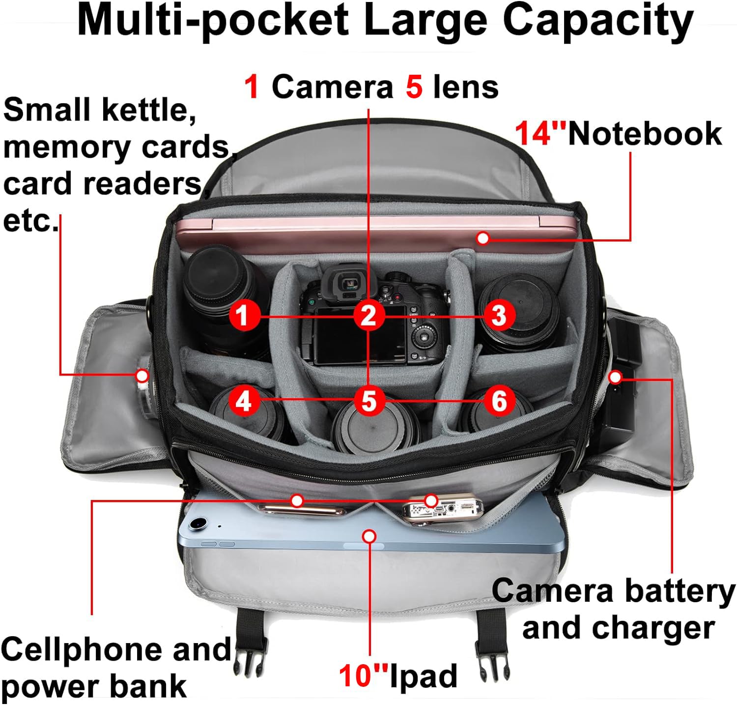 Waterproof DSLR Camera Shoulder Bag with Tripod Holder - Compatible with Nikon, Canon, Sony Mirrorless & SLR Cameras - Durable Messenger Case for Travel, Hiking & Photography (Black, Large)