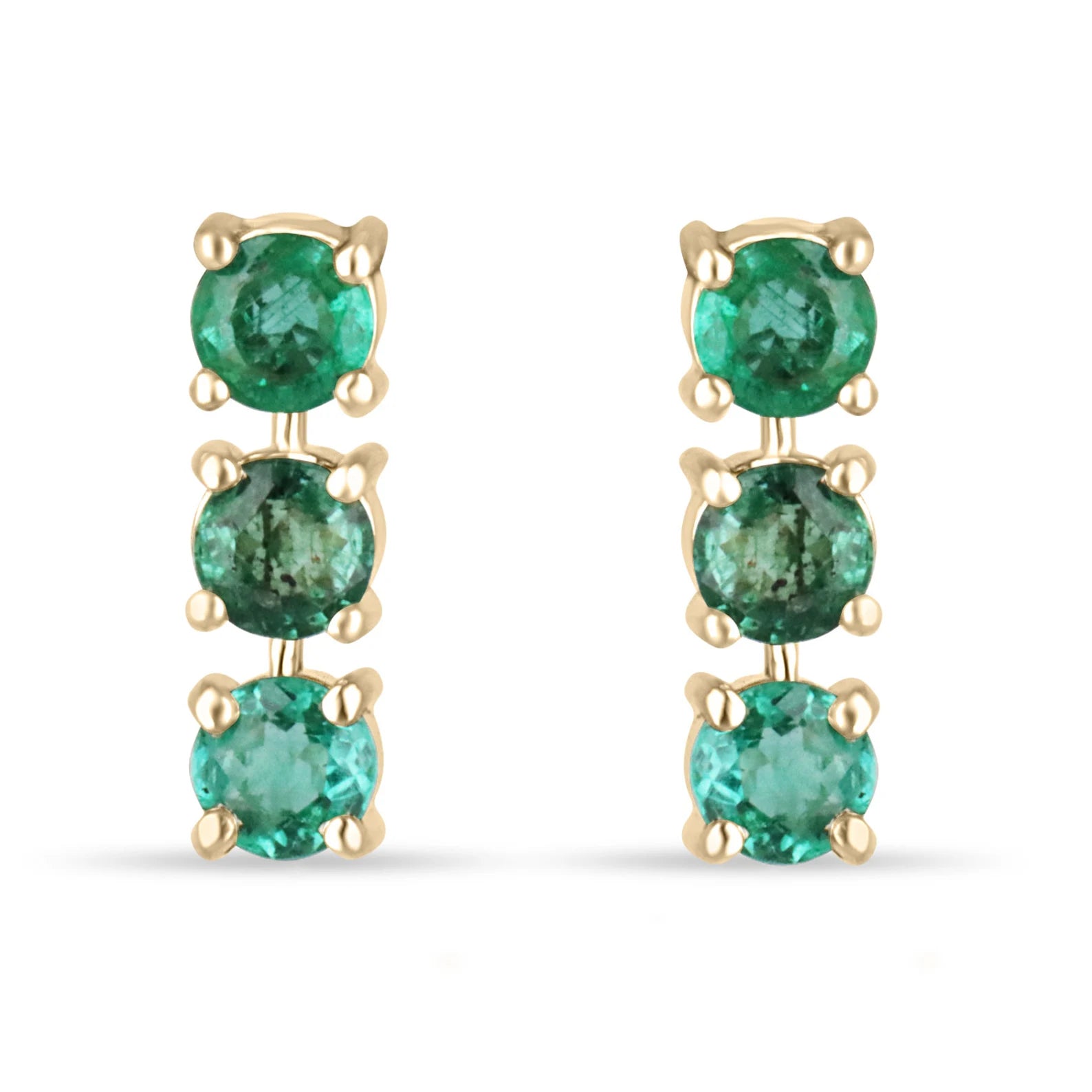 1.80TCW Natural Round Emerald Drop Earrings in 14K Yellow Gold - Lightweight Dangle Studs for Women - Perfect for Weddings, Parties & Special Occasions